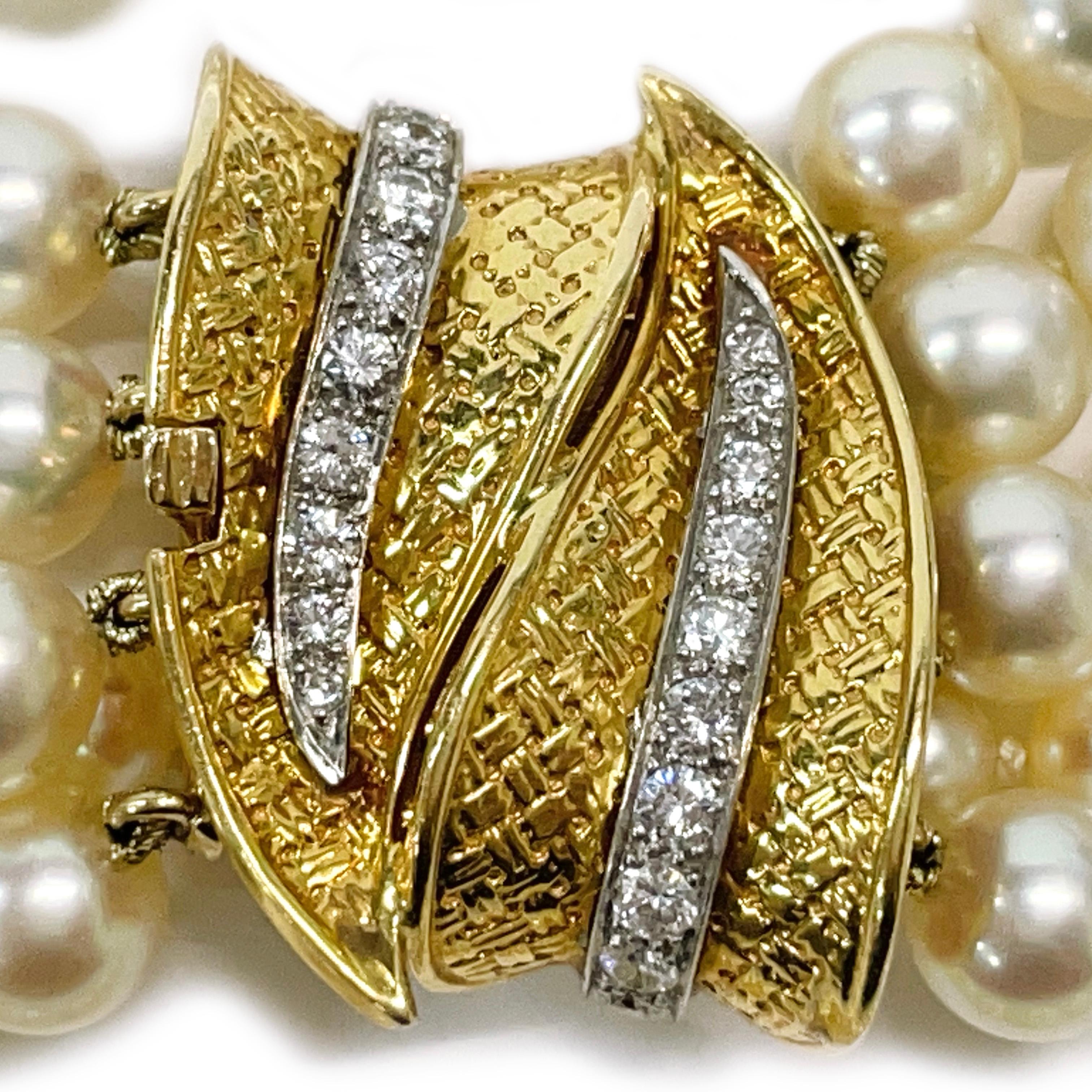 Rétro William Ruser Bracelet à quatre brins en or jaune et platine avec perles et diamants en vente