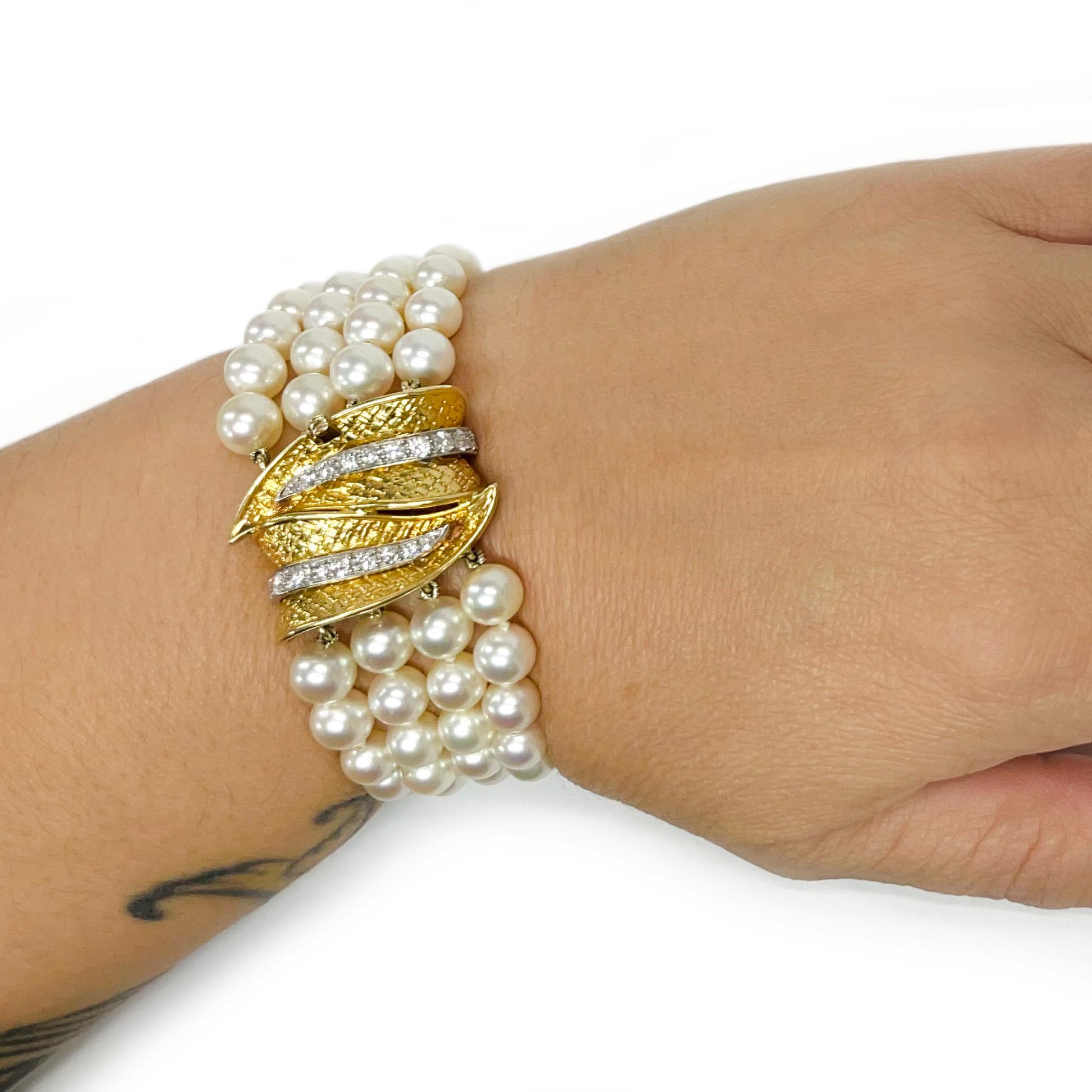 Retro William Ruser Yellow Gold Platinum Four-Strand Pearl Diamond Bracelet For Sale