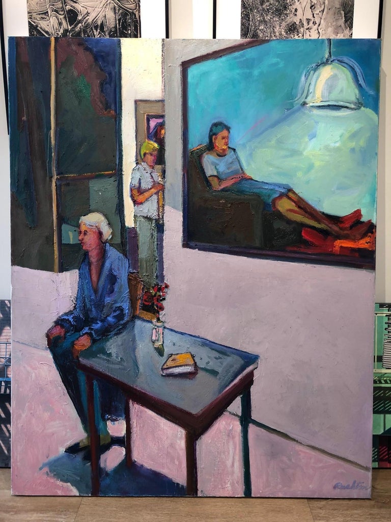 Artist Adelie Bischoff sits in a chair while William Rushton looks on. The two artists met at an opening reception at the launch of an art exhibition both were participating in. Rushton painted the scene in his classic style, featuring figures and