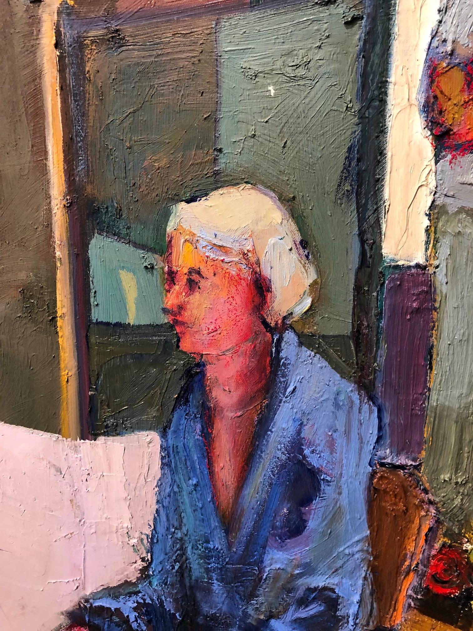 Adelai Bischoff / óleo sobre lienzo - escena interior en colores vivos - Figurative Painting Gris de William Rushton