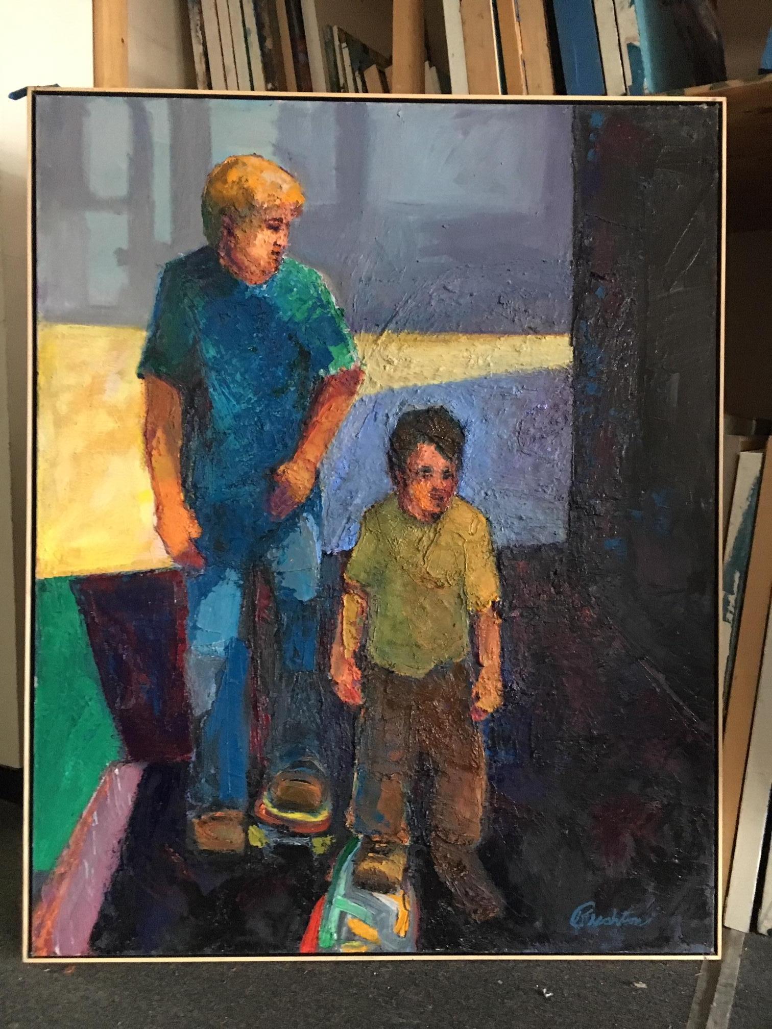 Dad's Lesson / oil on canvas - skateboard father and son - Painting by William Rushton