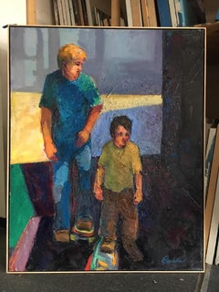 Dad's Lesson / oil on canvas - skateboard father and son