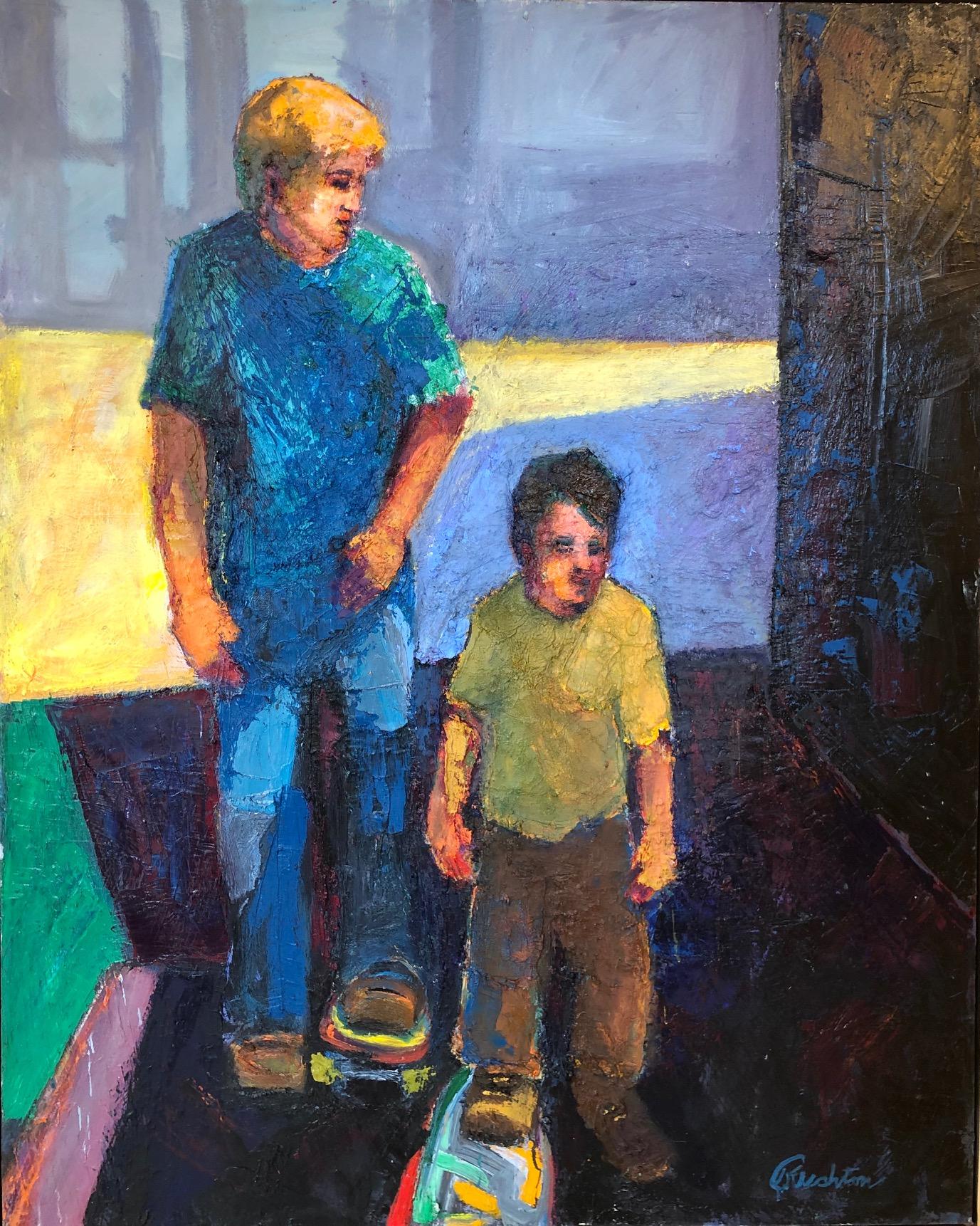 Dad's Lesson / oil on canvas - skateboard father and son - Black Portrait Painting by William Rushton