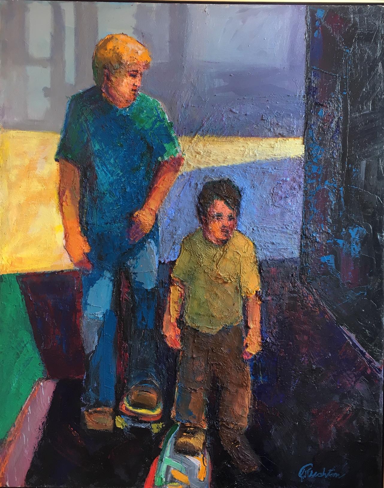 William Rushton Portrait Painting - Dad's Lesson / oil on canvas - skateboard father and son