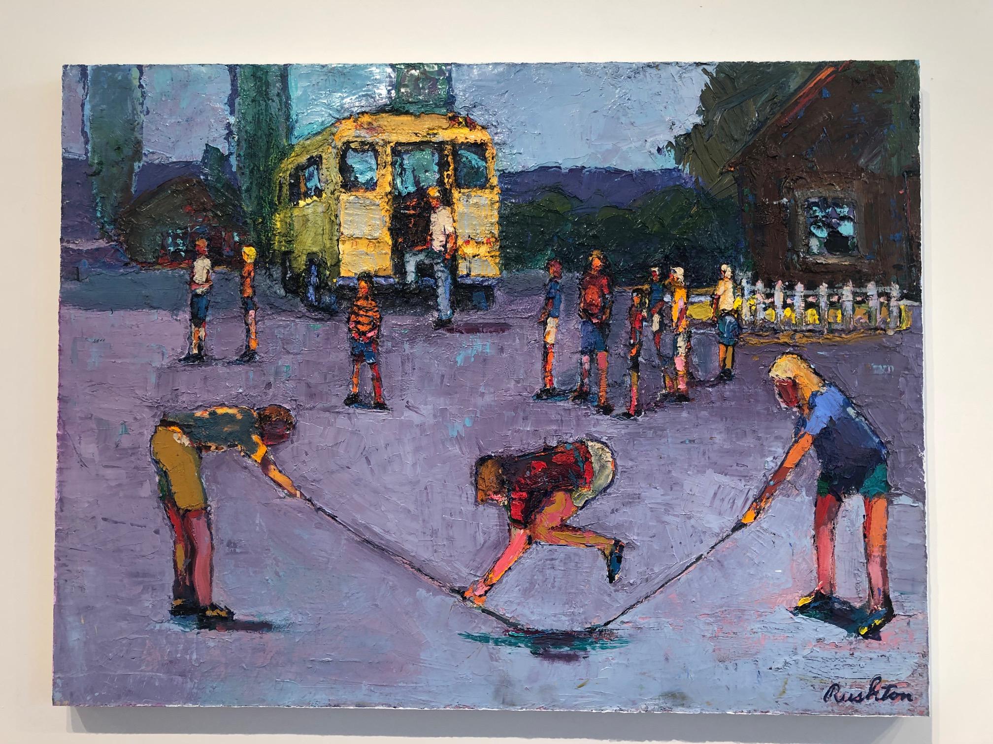 Flat Tire - children play and skip rope - oil on canvas - Contemporary Painting by William Rushton