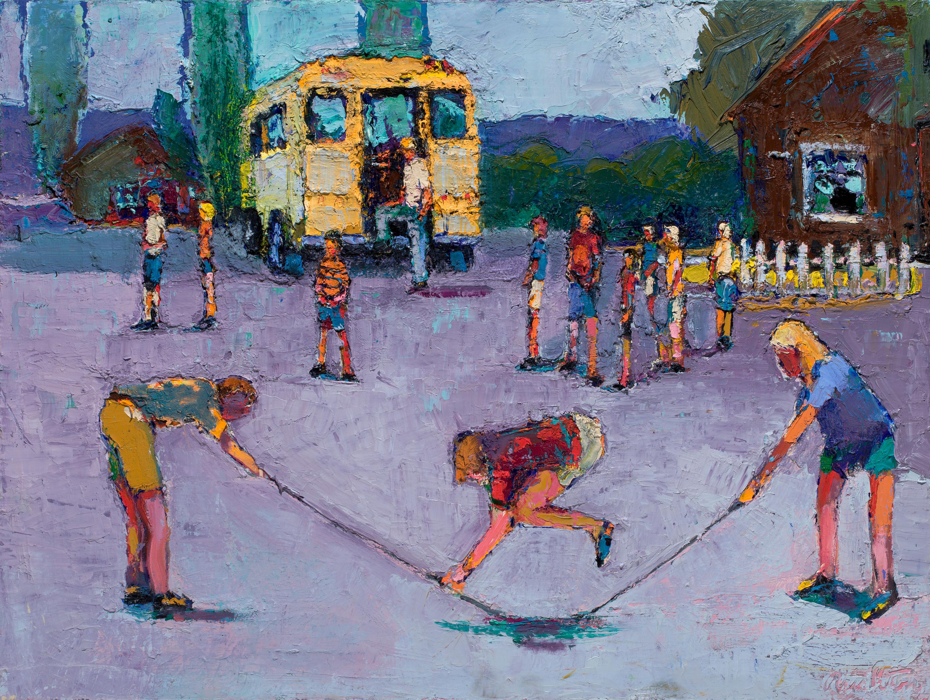 Flat Tire - children play and skip rope - oil on canvas