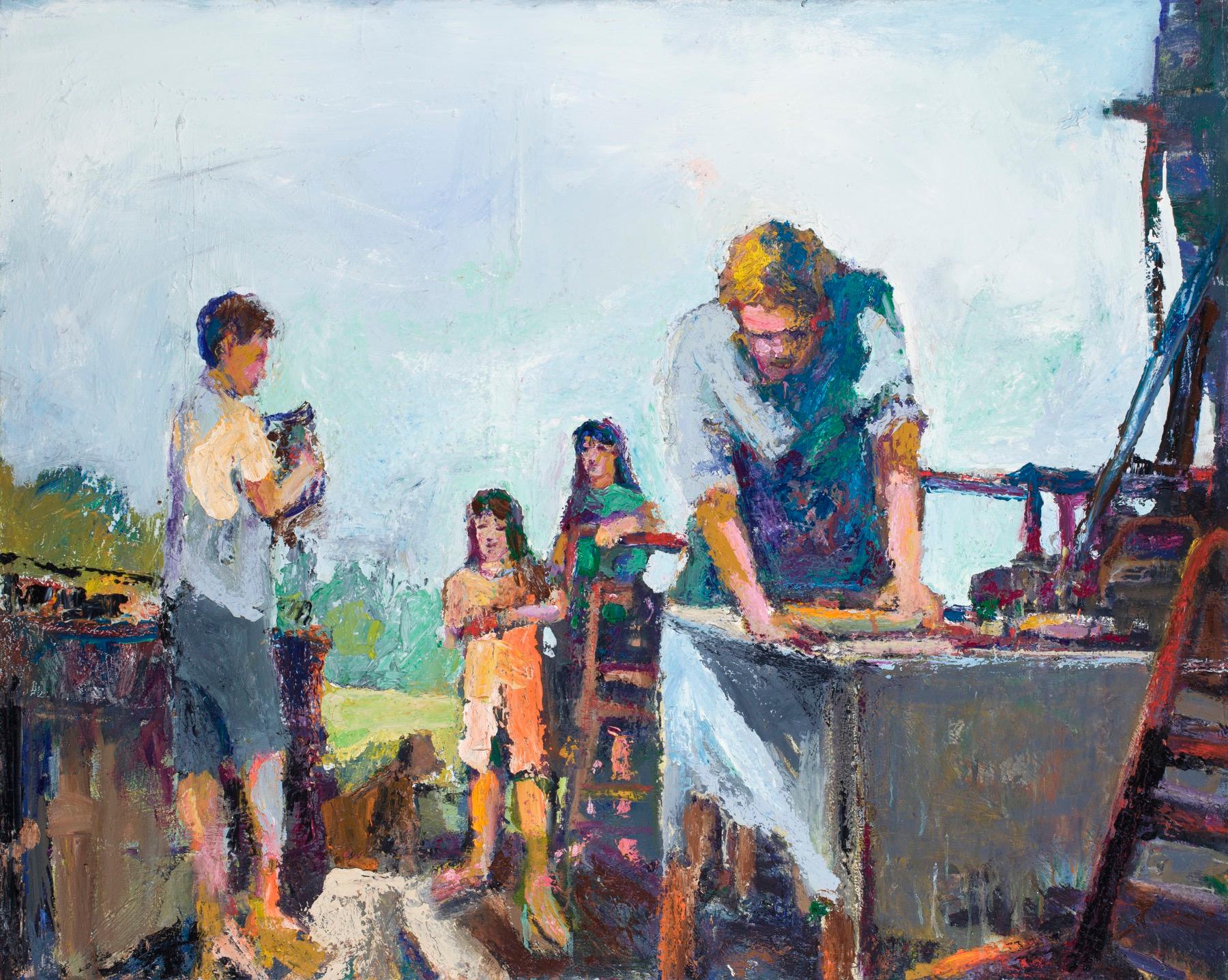 The Apprentice - figurative  family and children - oil on canvas in bold color