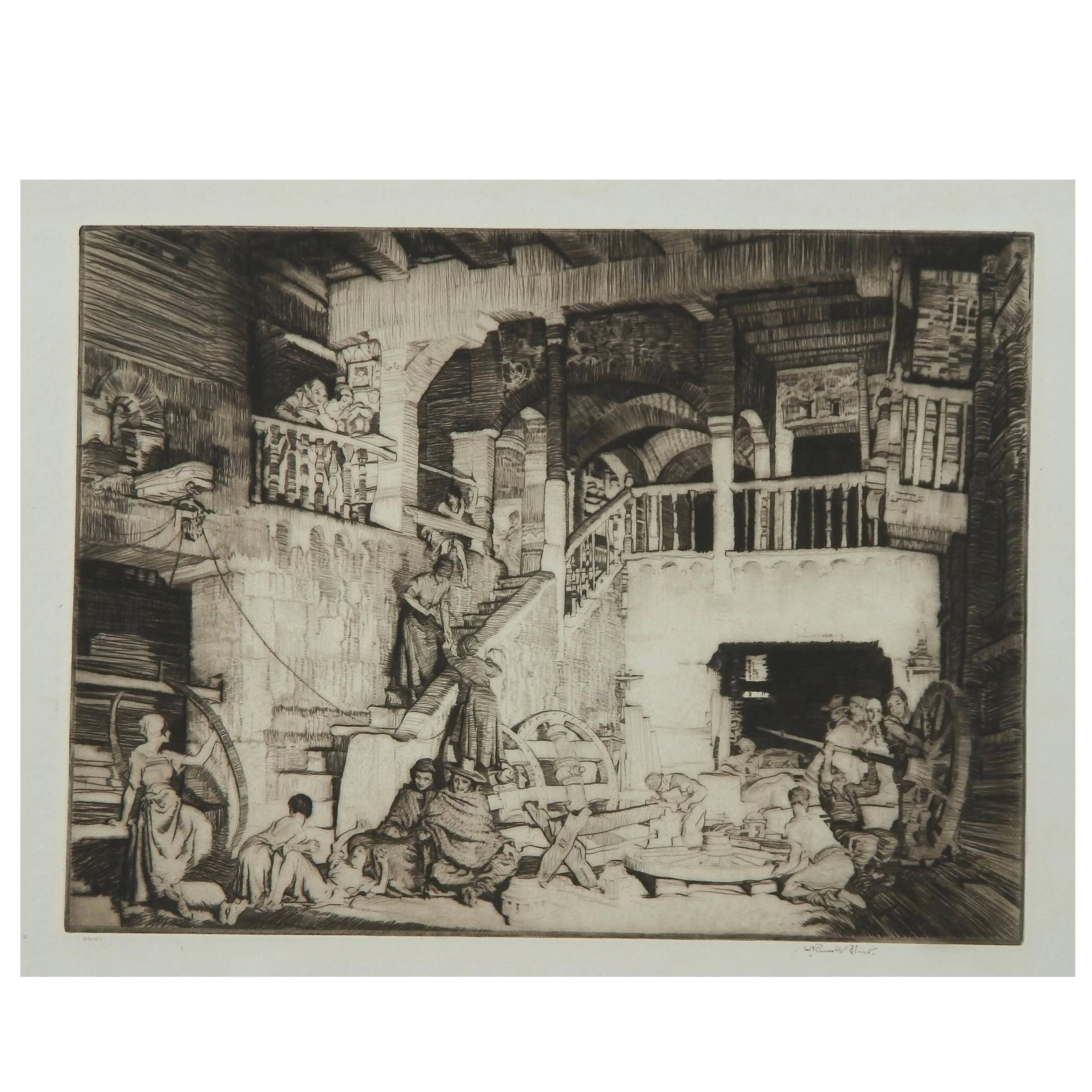 Sir Russell Flint (1880-1969) original pencil signed etching, 1931.
Titled: "The Wheelwrights."
Flint loved to print on antique paper.
This etching is printed on Portal Paper created pre 1800.
Image size: 9 1/4" H x 12 3/8" W.
Unframed, archivally