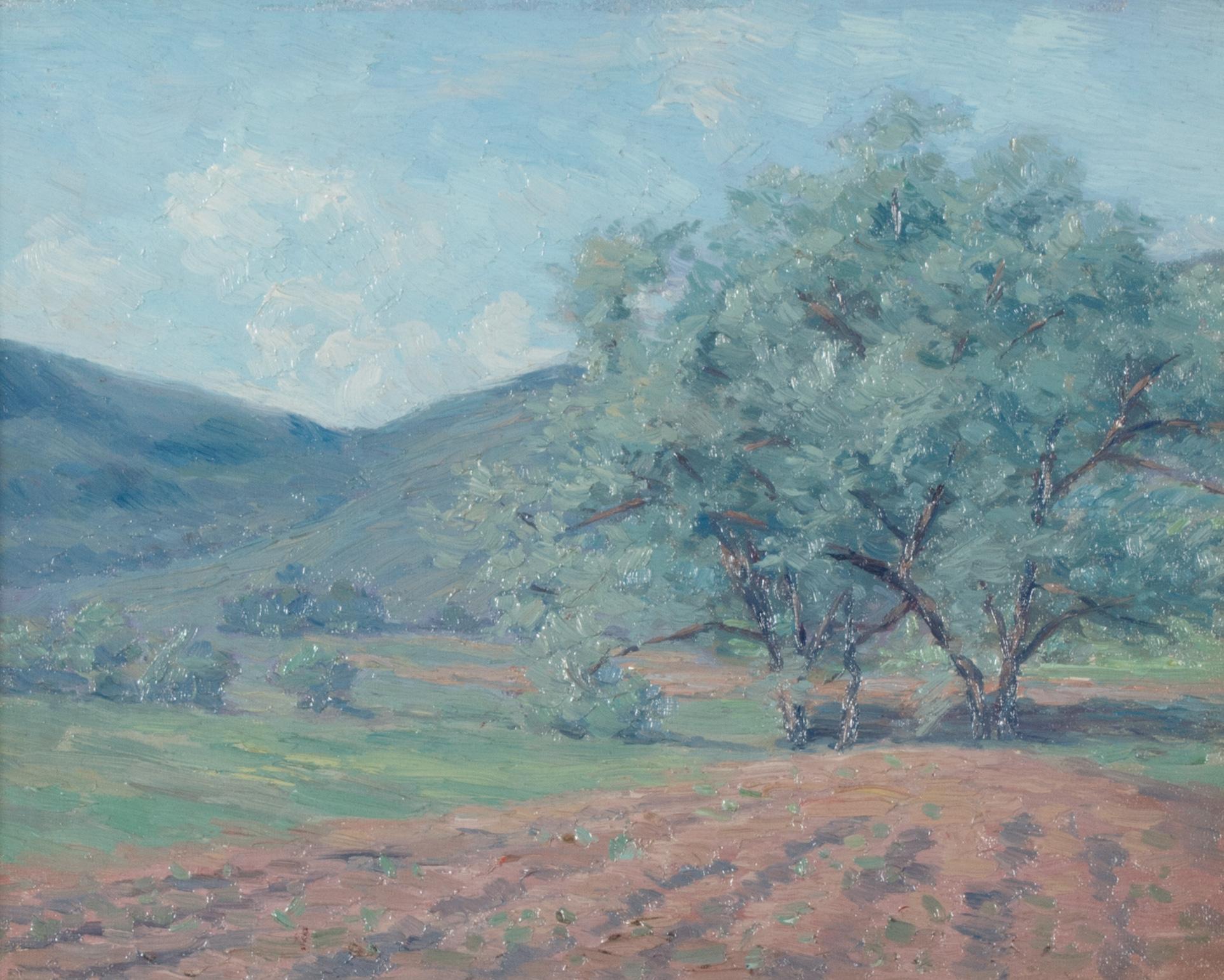 Woodstock: Field with Trees in Hilly Landscape - Painting by William S. Butz