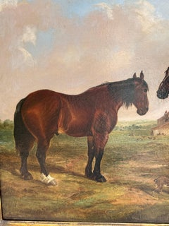 Landscape with two horses and goats in a landscape, far and barn, English 19th C