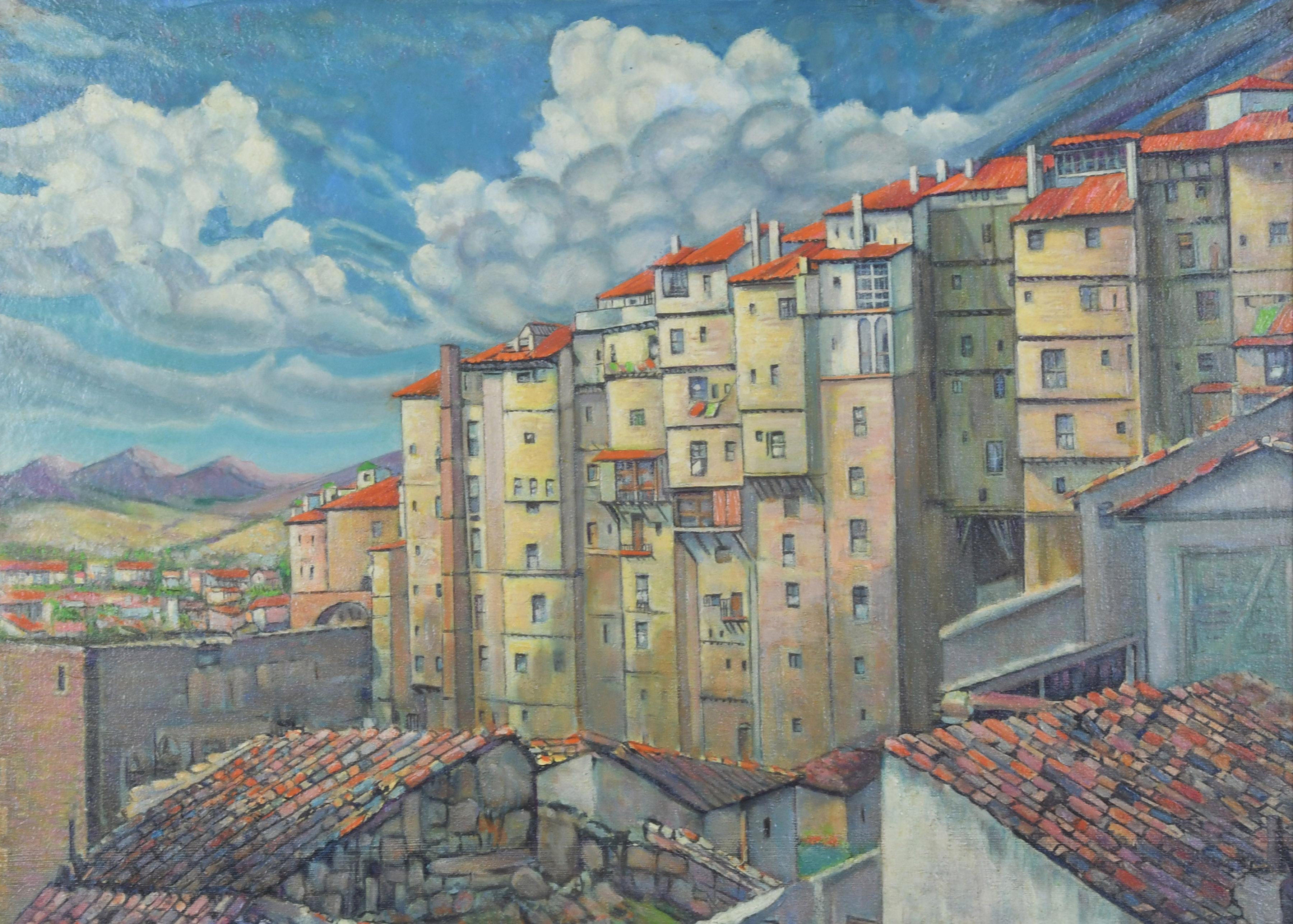 unbetitelt (Französische Stadtlandschaft mit Wolken und Bergen) – Painting von William S. Gisch