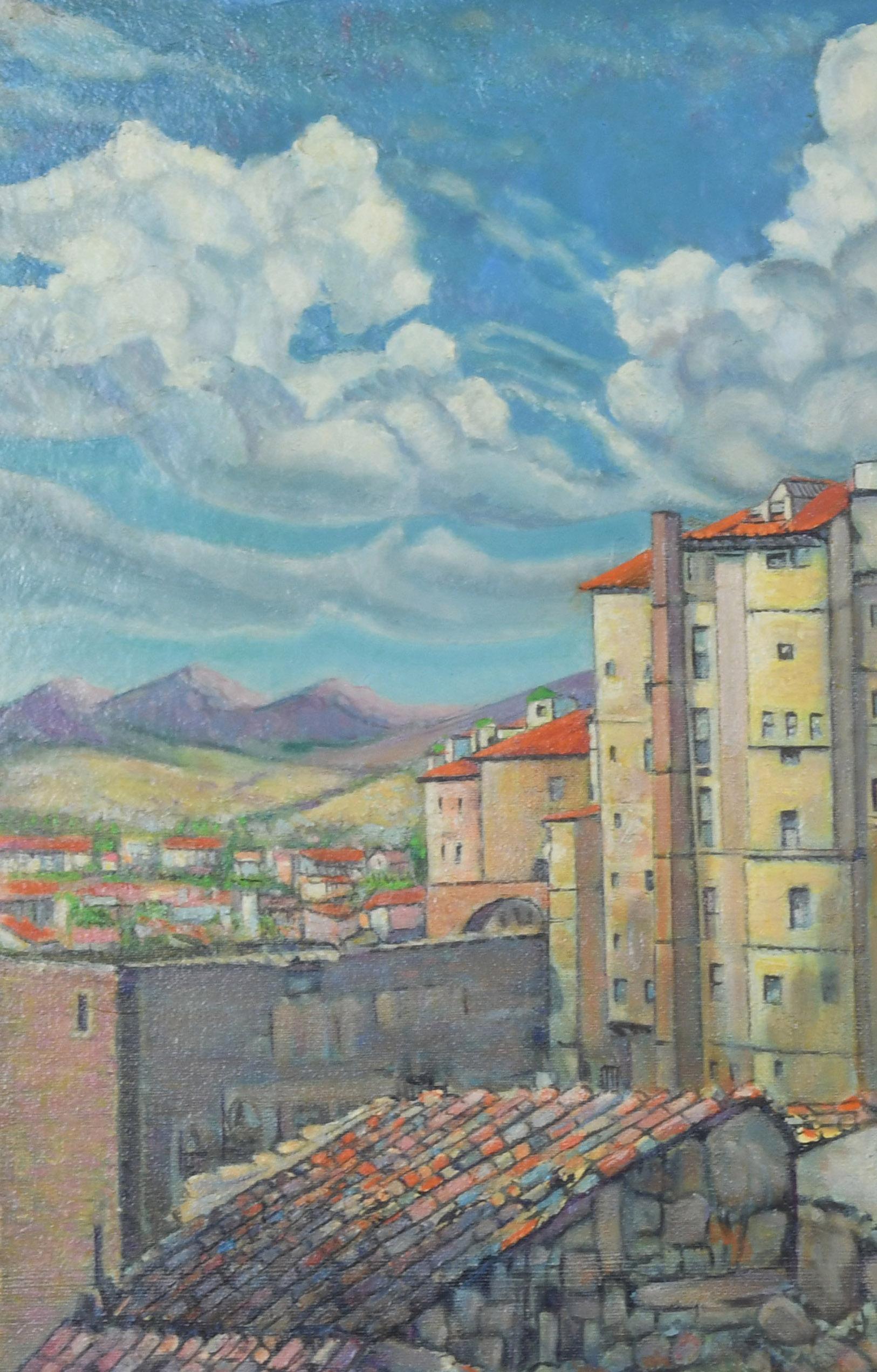 unbetitelt (Französische Stadtlandschaft mit Wolken und Bergen) (Grau), Landscape Painting, von William S. Gisch