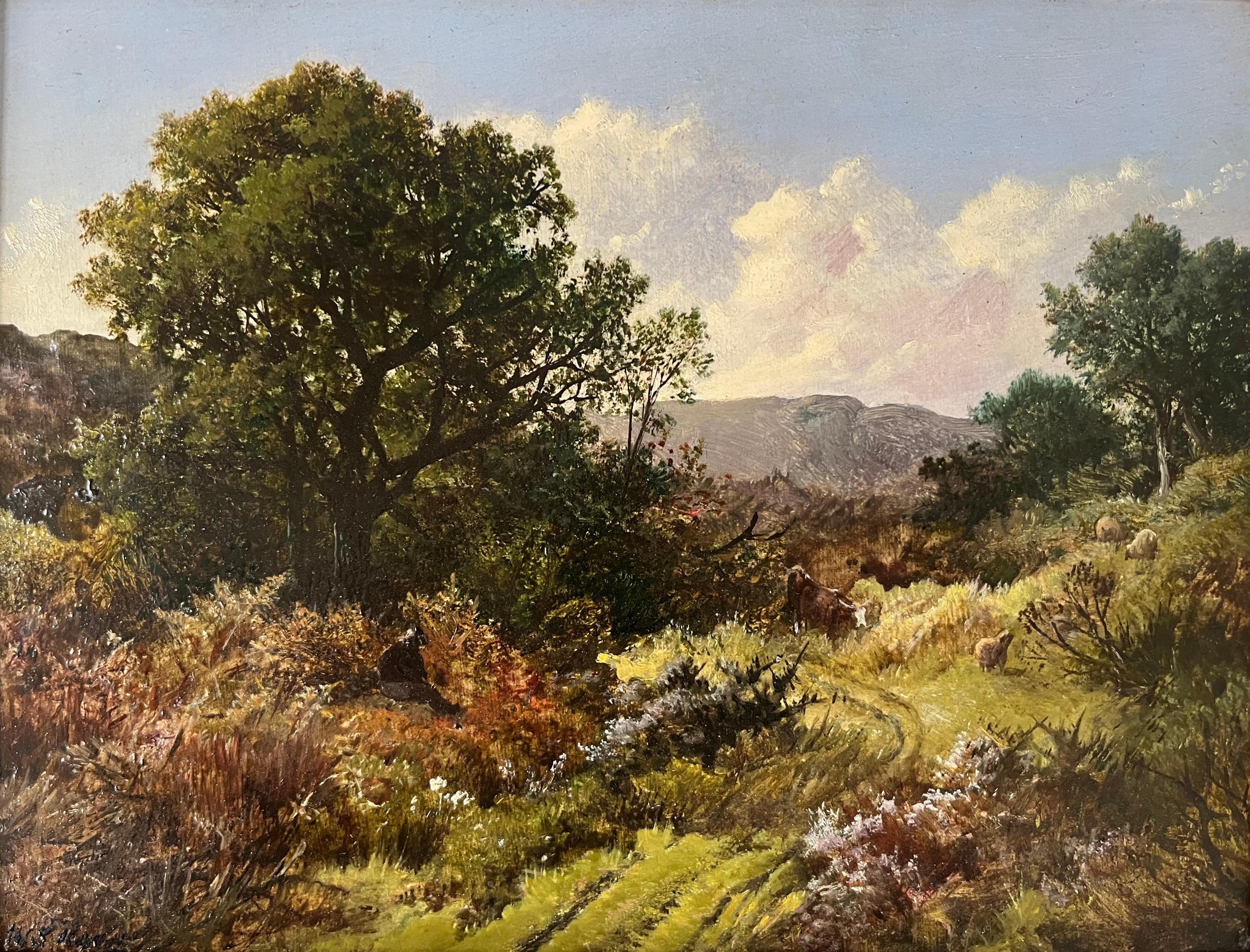 An idyllic view of cattle and sheep grazing in a pasture before an oak tree with a blue sky with bollowing clouds beyond. 

William S Rose (1810-1873)
Cattle and sheep grazing in rough pastures
Signed and inscribed on a label verso
Oil on panel
6½ x