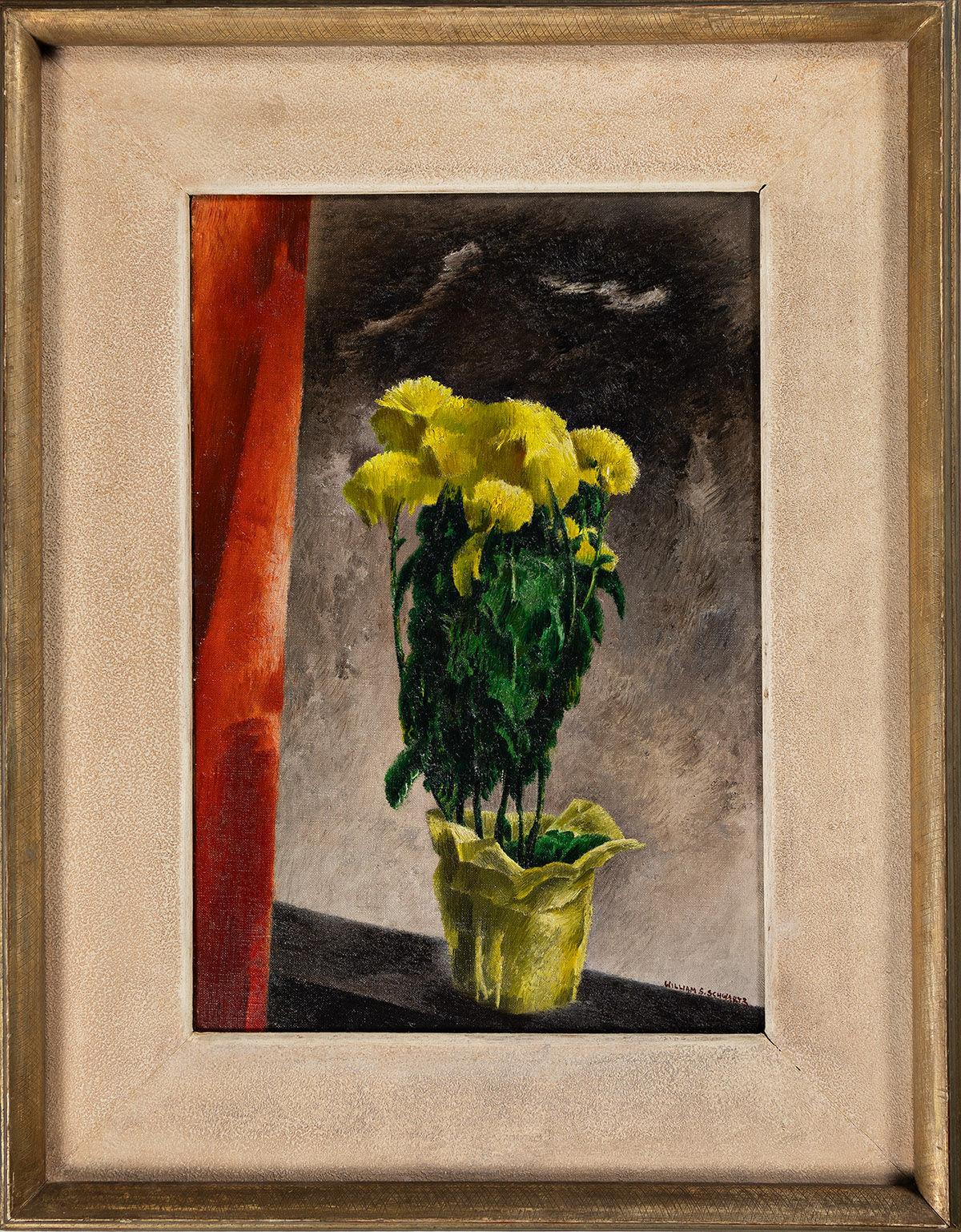 „Mums“ William S. Schwartz, Gelbe Blumen, Kubistisches, modernes Stillleben im Angebot 1