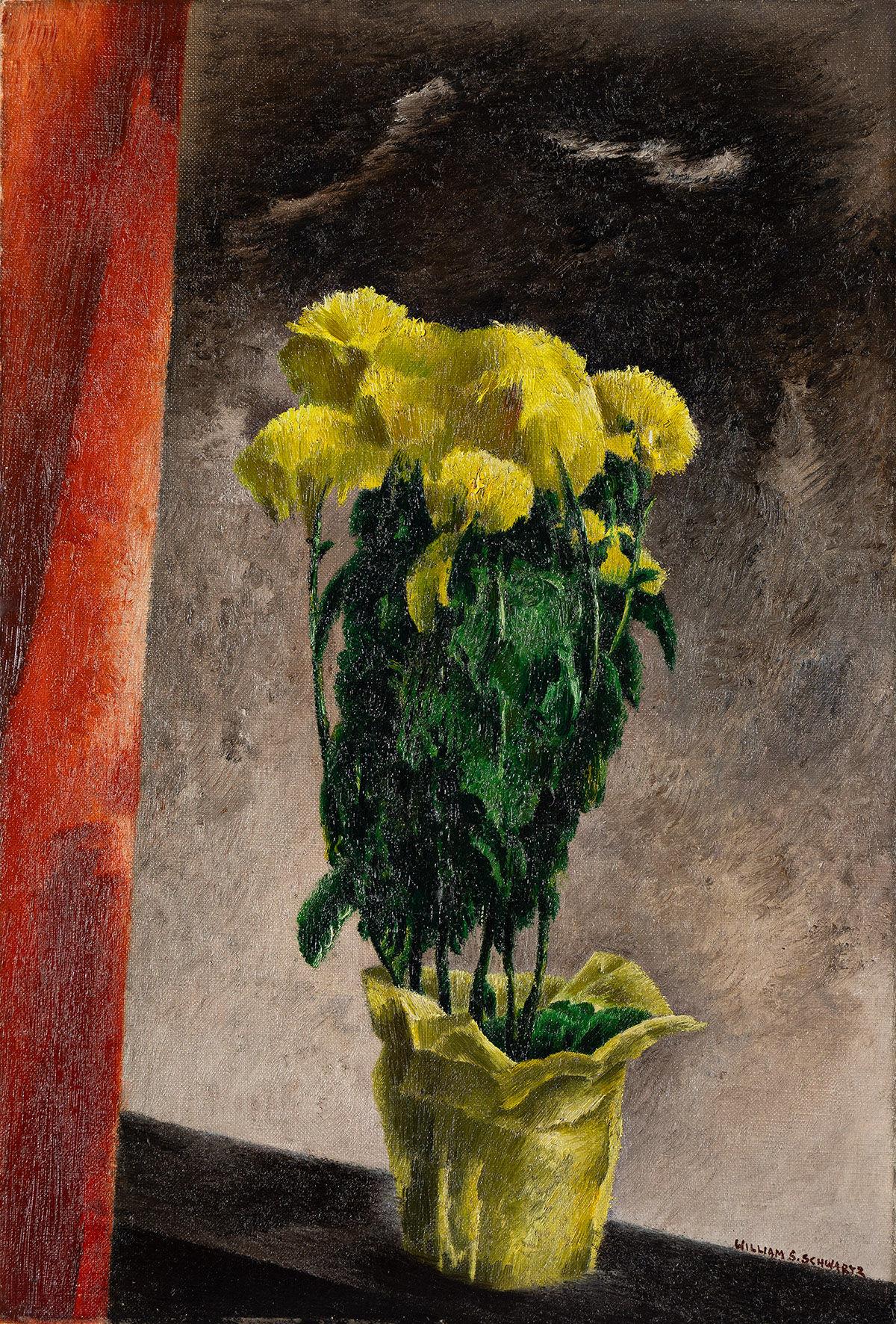 William S. Schwartz
Nature morte aux chrysanthèmes jaunes, vers 1950
Signé en bas à droite
Huile sur toile
20 x 16 pouces

Provenance :
Collectional, Massachusetts

William Schwartz est né à Smorgon, en Russie, en 1896. Il est l'un des neuf enfants