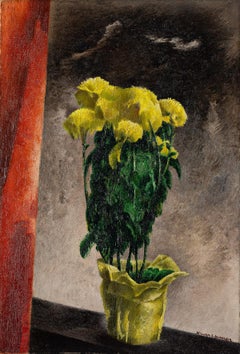 "Mums" William S. Schwartz, Yellow Flowers, Cubist, Modern Still Life