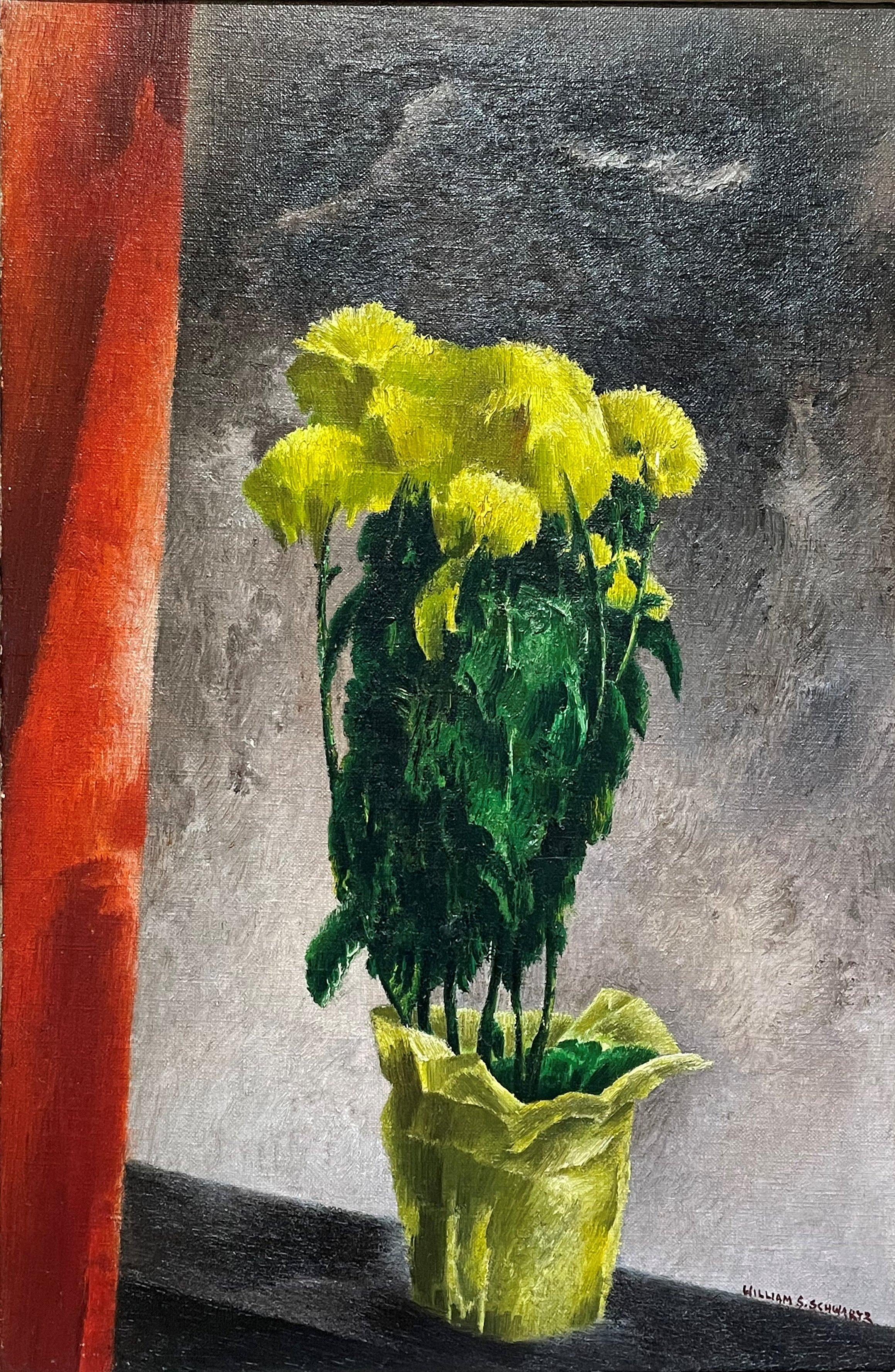 William S. Schwartz Still-Life Painting - "Yellow Mums, " William Schwartz, Yellow Flowers Still Life, American Modernism