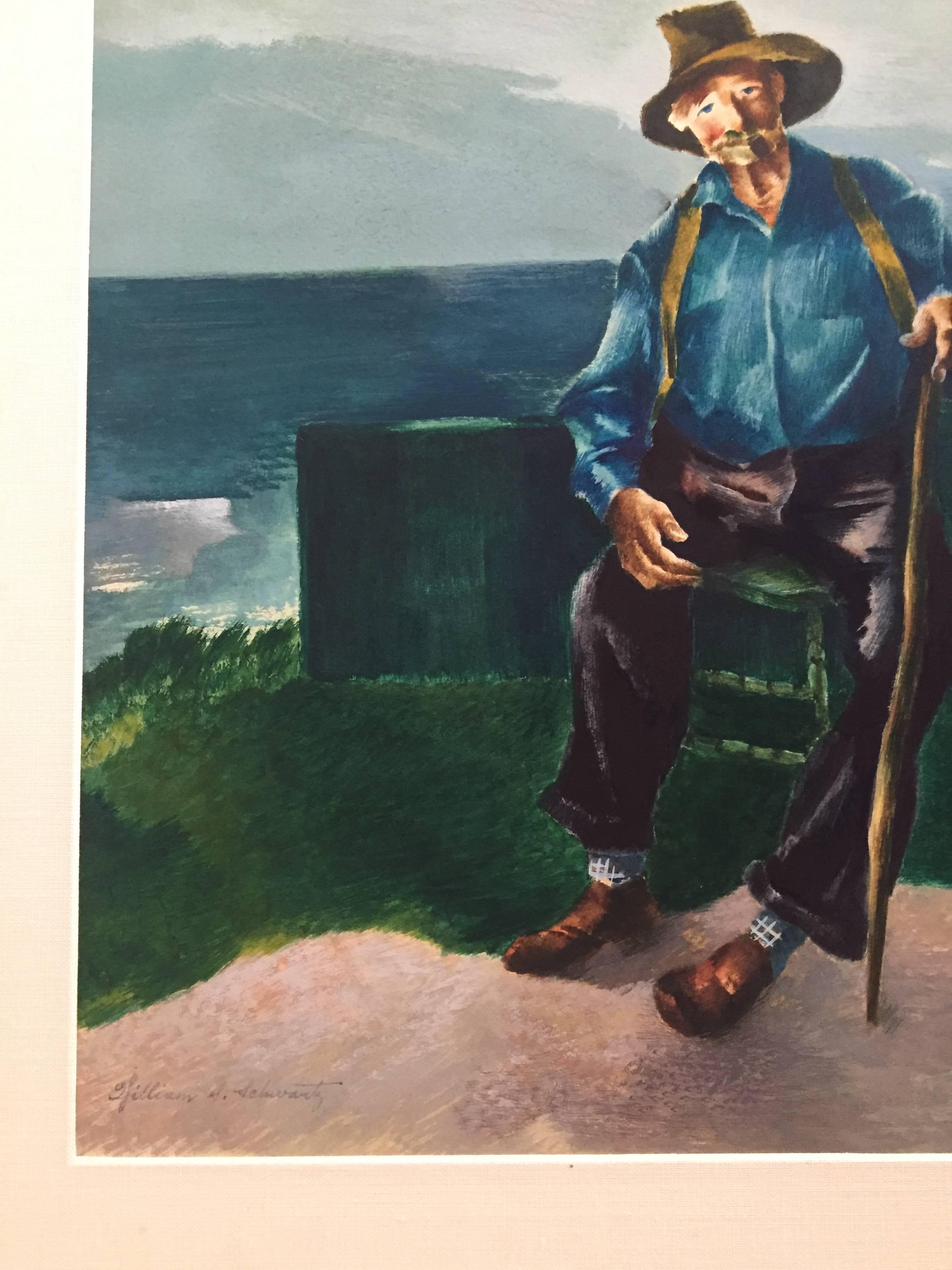Porträt eines alten Mannes mit Schilfrohr, bedeutender WPA-Künstler der Chicagoer Moderne (Schwarz), Figurative Painting, von William S. Schwartz
