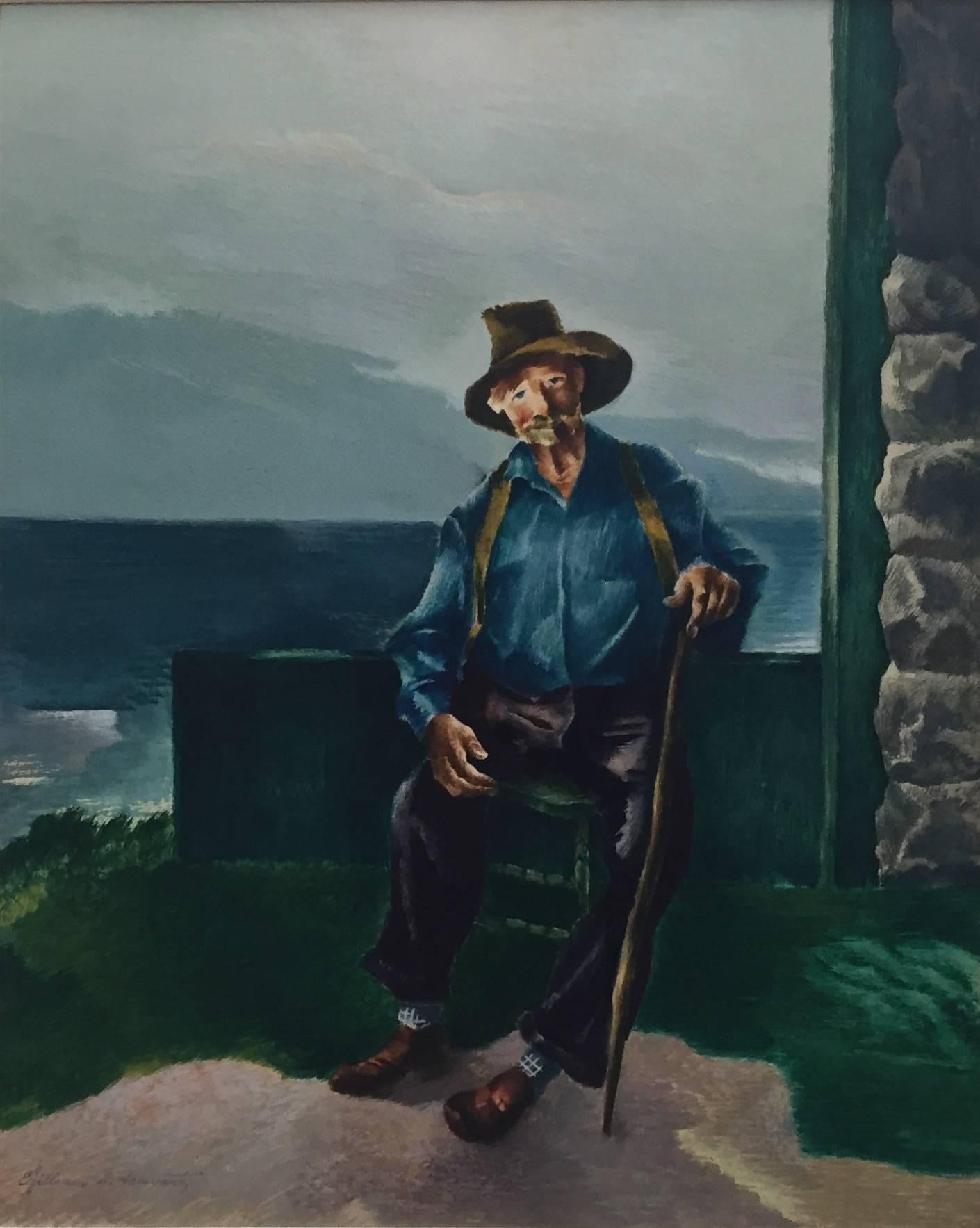 Portrait d'un vieil homme à la canne, important artiste moderniste de Chicago WPA