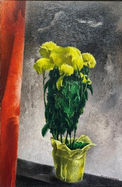 "Yellow Mums," William Schwartz, Yellow Flowers Still Life, American Modernism