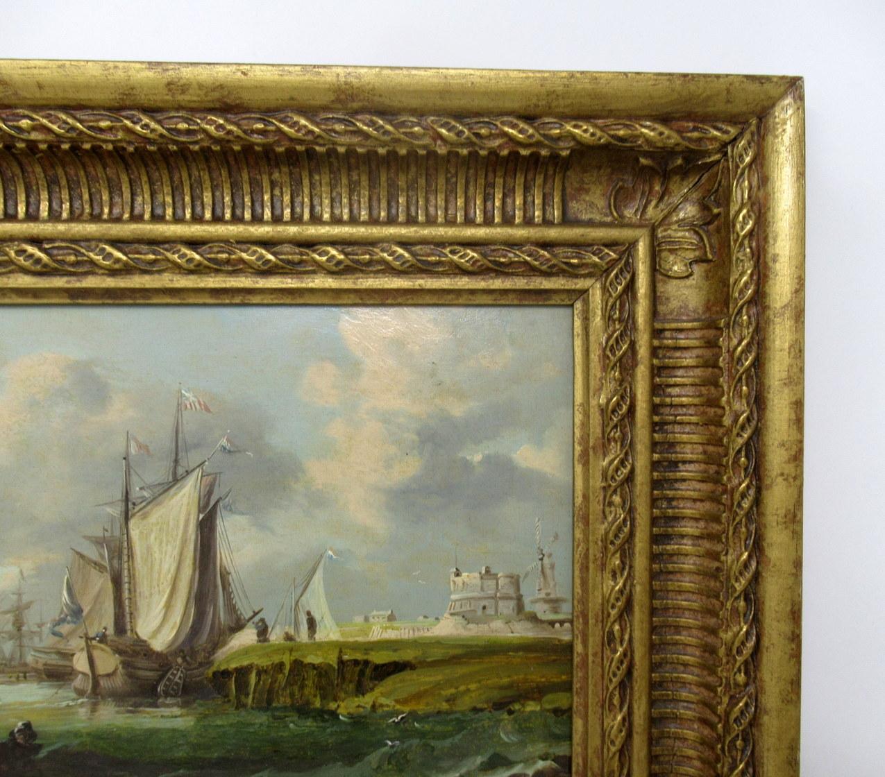 Painted William Sadler Dublin Ireland Oil Painting on Board Harbor Scene Seascape Boats