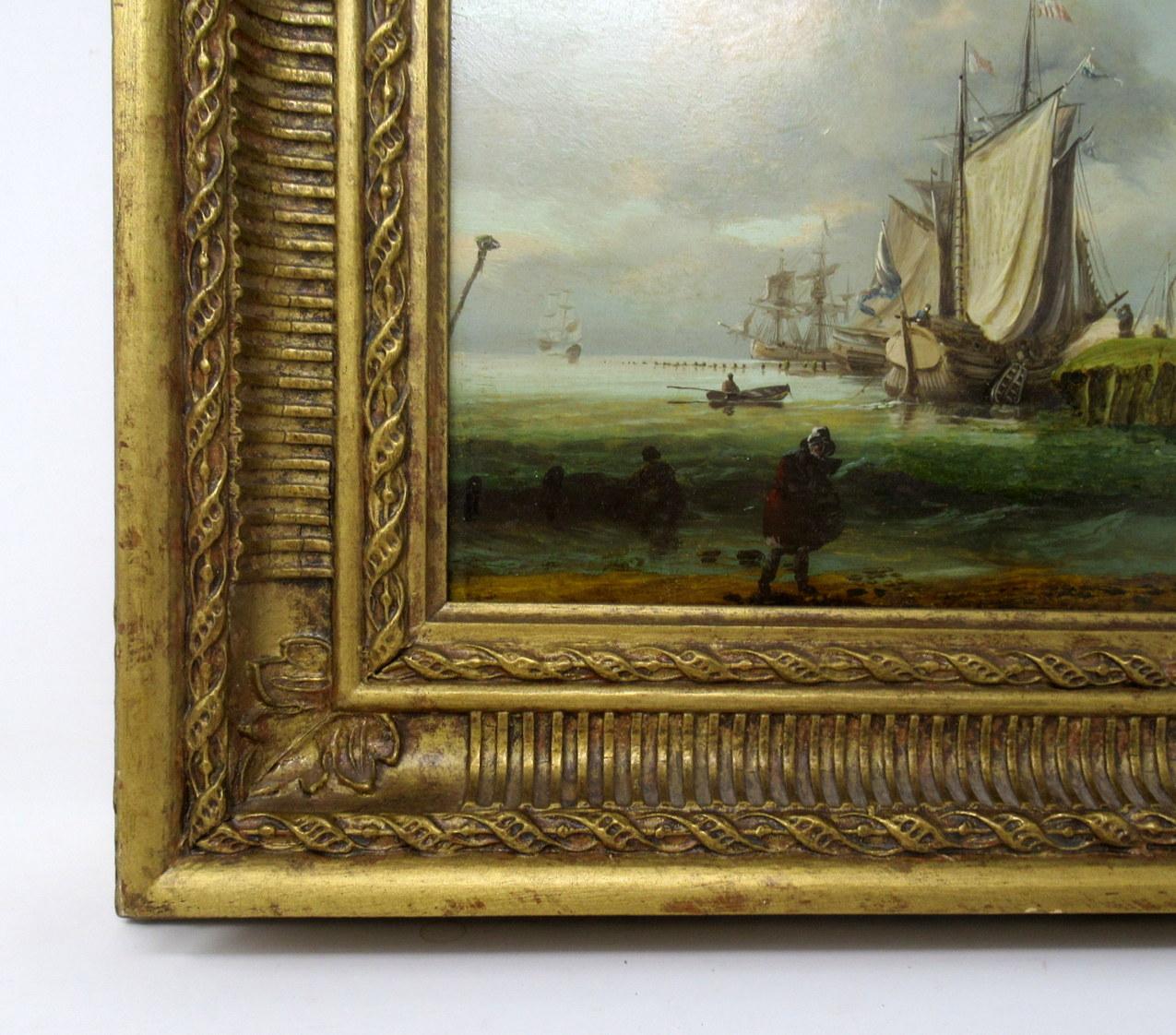 19th Century William Sadler Dublin Ireland Oil Painting on Board Harbor Scene Seascape Boats