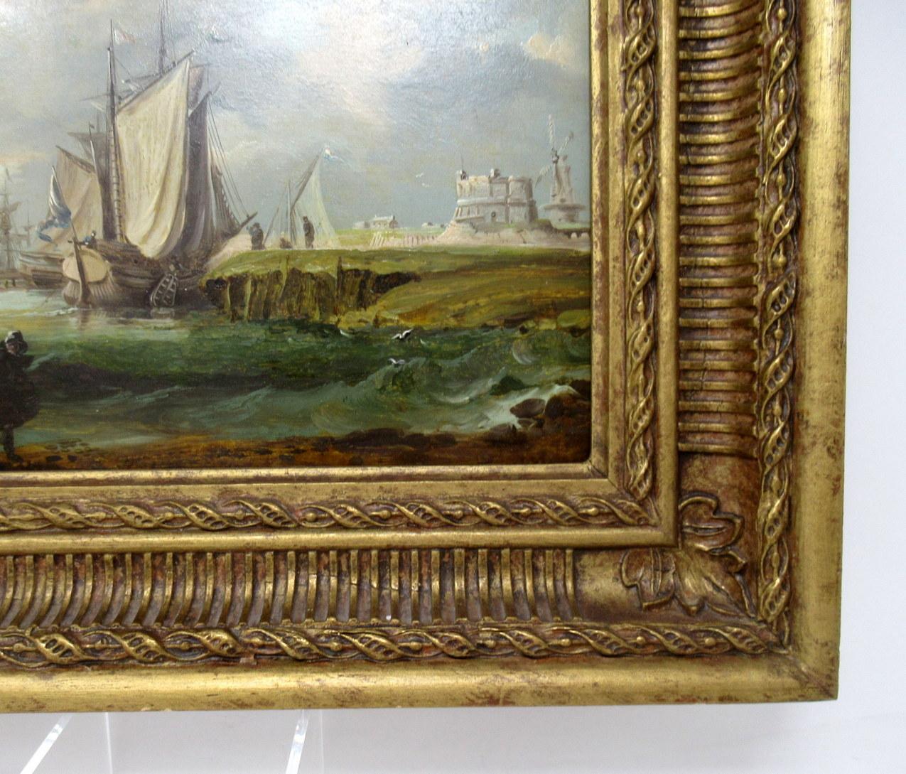 Giltwood William Sadler Dublin Ireland Oil Painting on Board Harbor Scene Seascape Boats