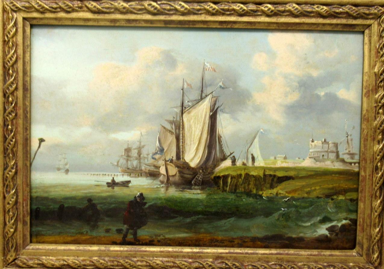 William Sadler Dublin Ireland Oil Painting on Board Harbor Scene Seascape Boats 1