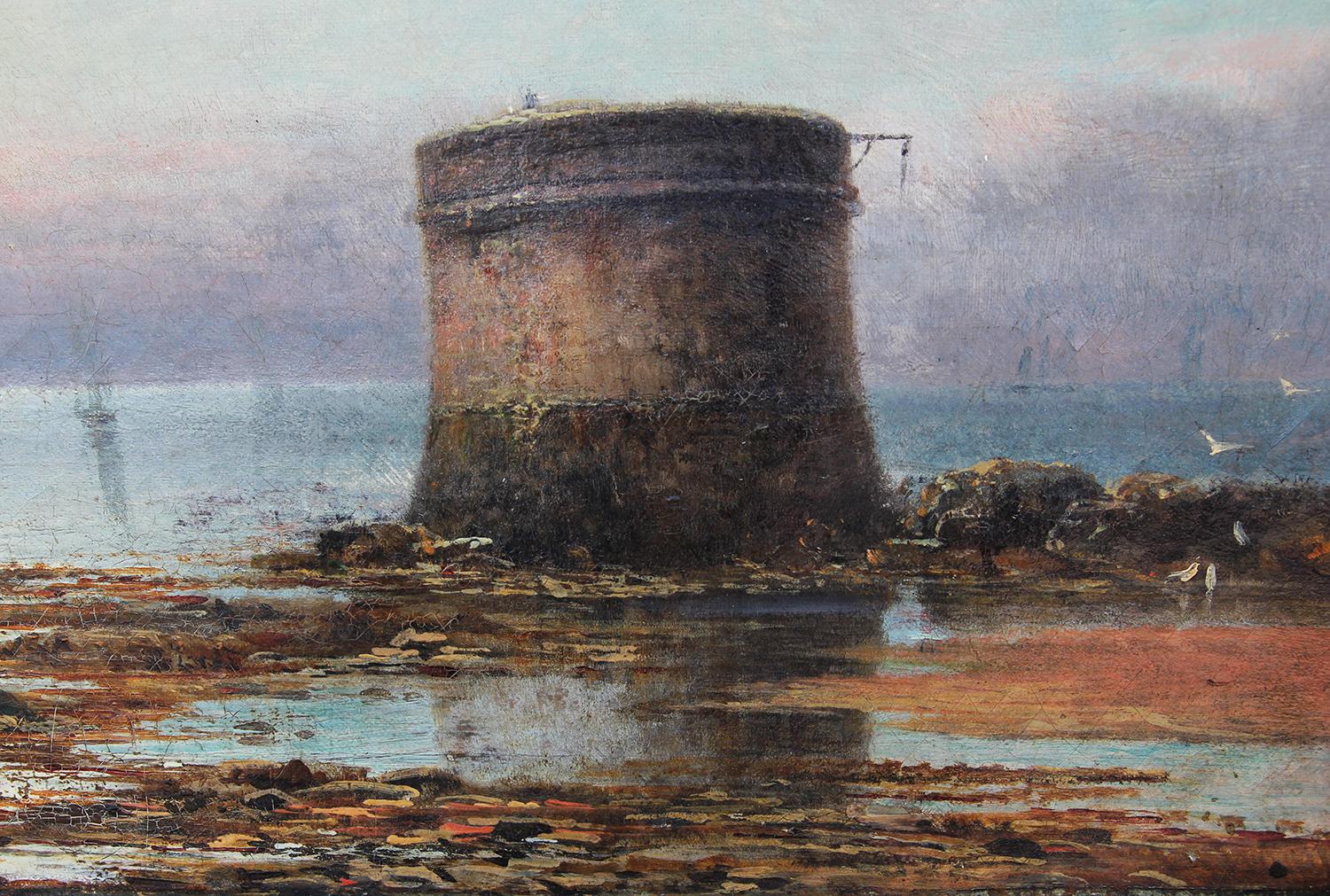 Pastel Toned Romantic Realistic Coastal Landscape of a Martello Tower - Painting by William Sadler