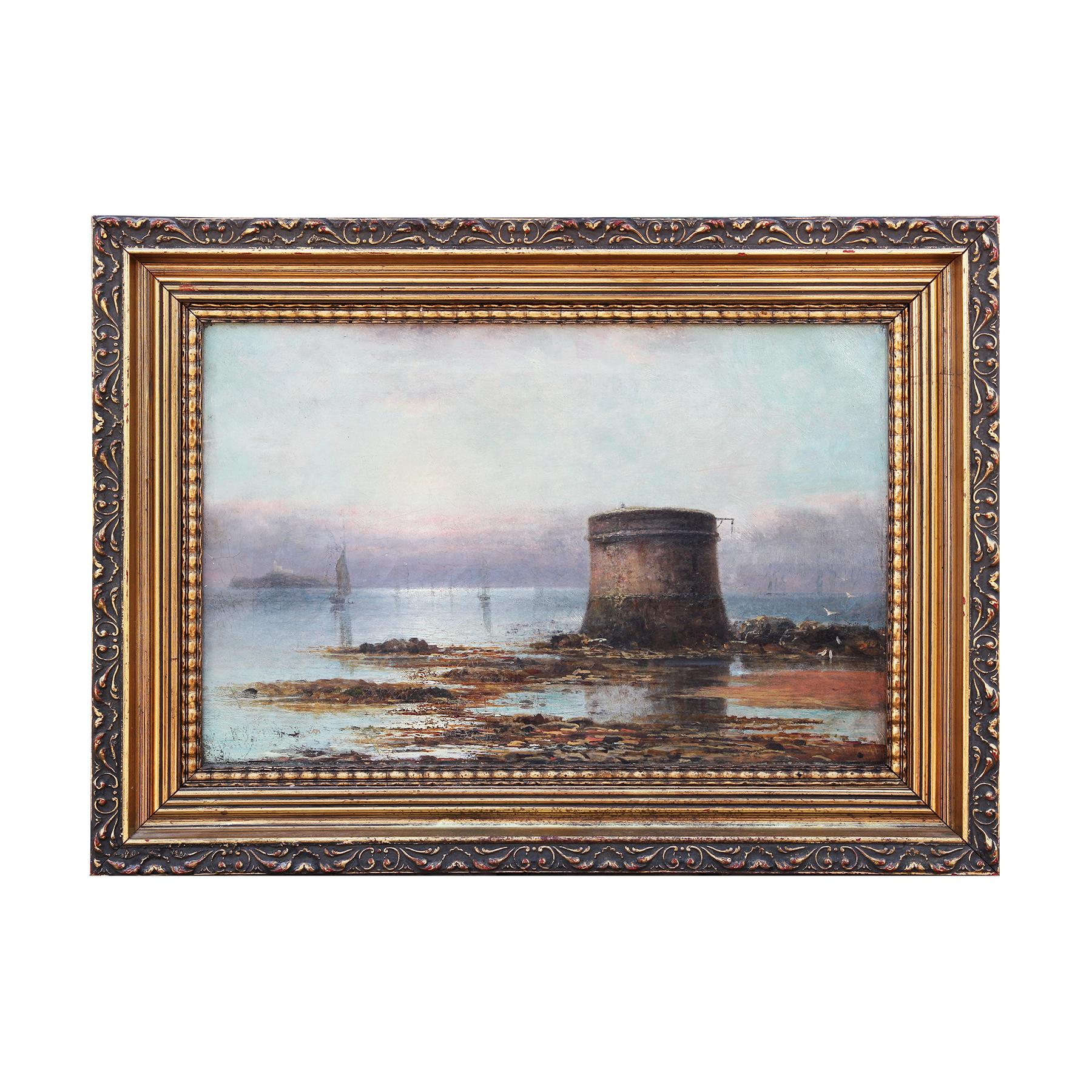 William Sadler Landscape Painting - Pastel Toned Romantic Realistic Coastal Landscape of a Martello Tower