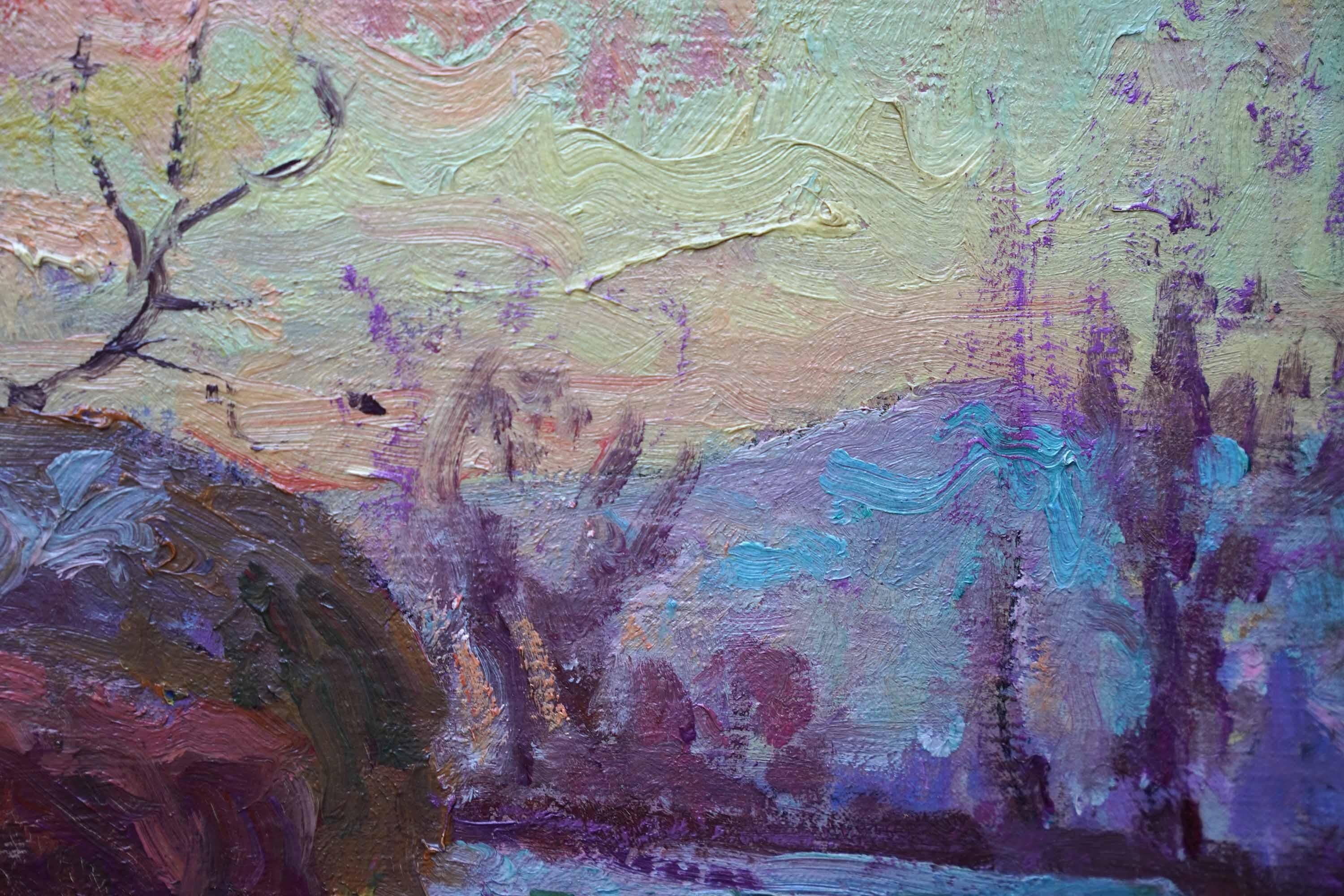 Bovini in un paesaggio agricolo - Quadro ad olio di un paesaggio dell'arte impressionista americana in vendita 6