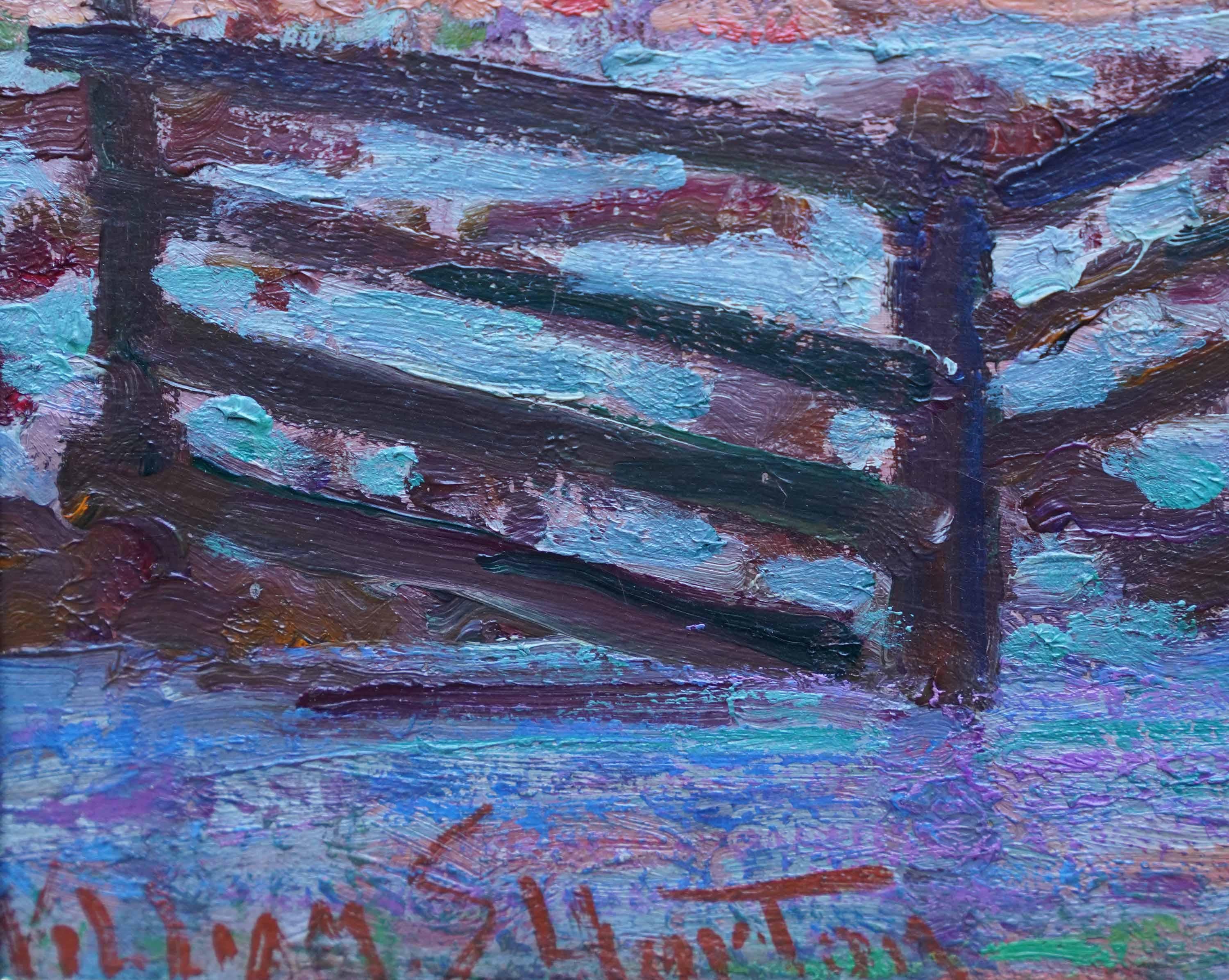Bovini in un paesaggio agricolo - Quadro ad olio di un paesaggio dell'arte impressionista americana in vendita 10