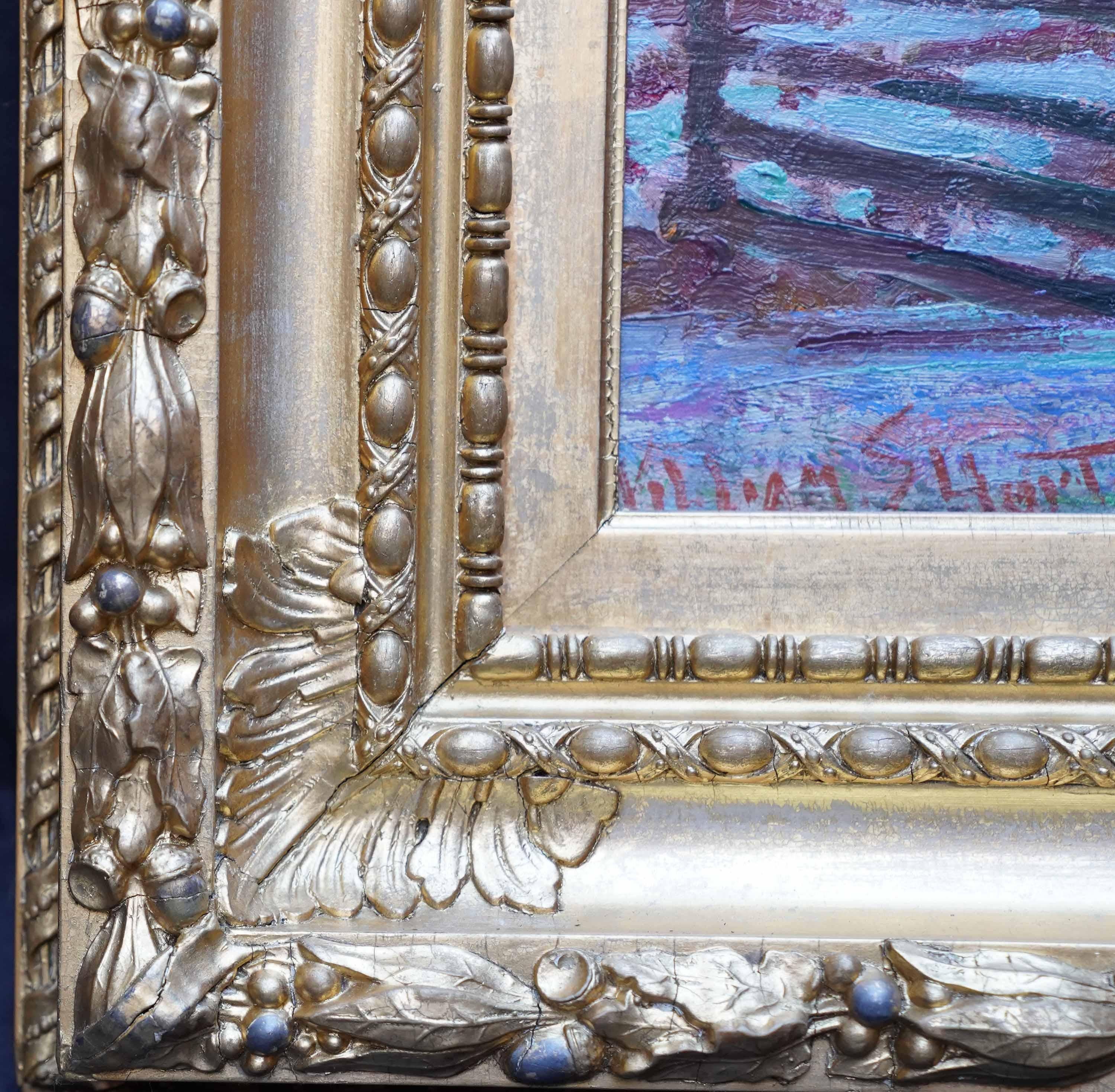 Bovini in un paesaggio agricolo - Quadro ad olio di un paesaggio dell'arte impressionista americana in vendita 11
