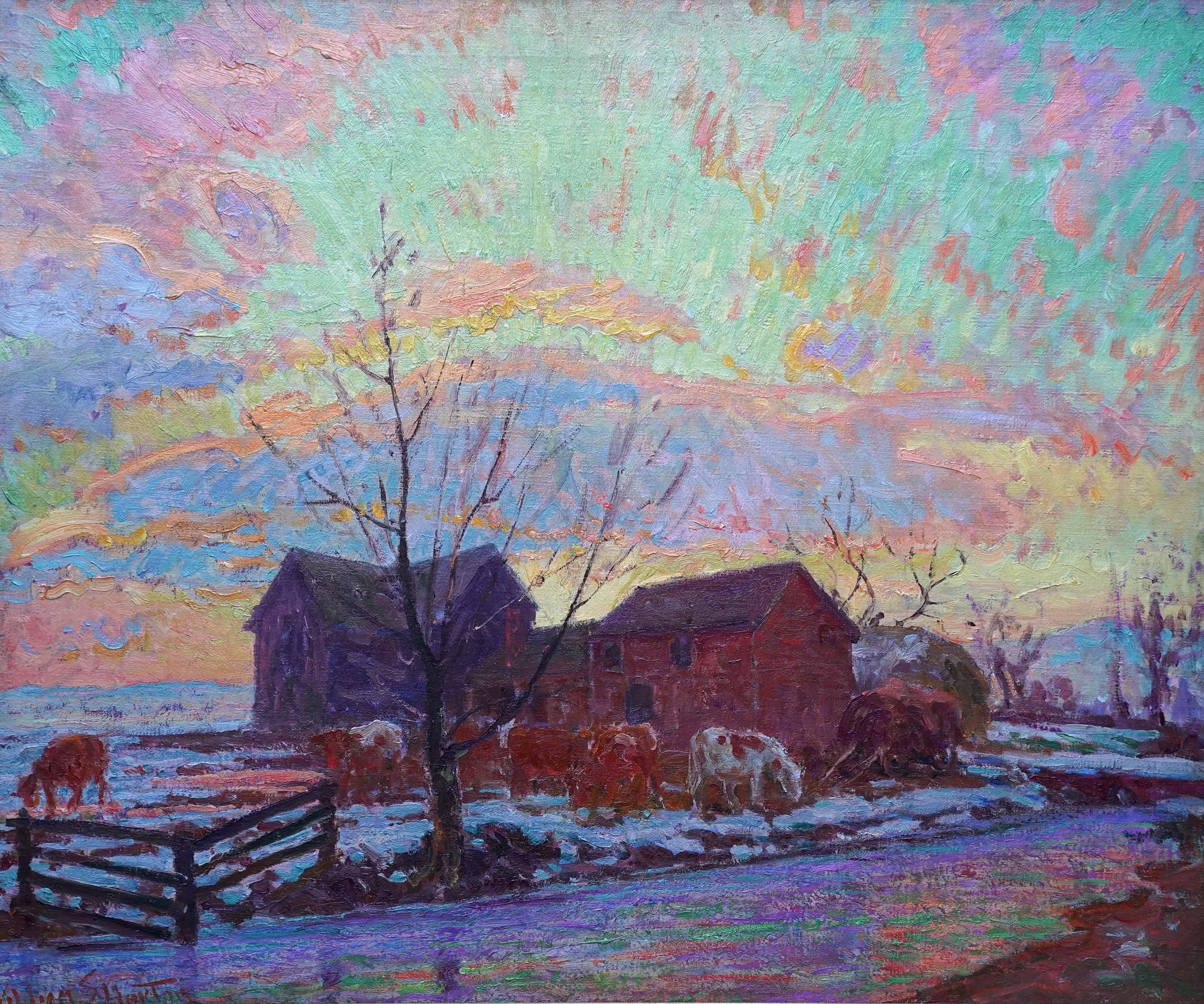 Bovini in un paesaggio agricolo - Quadro ad olio di un paesaggio dell'arte impressionista americana in vendita 12