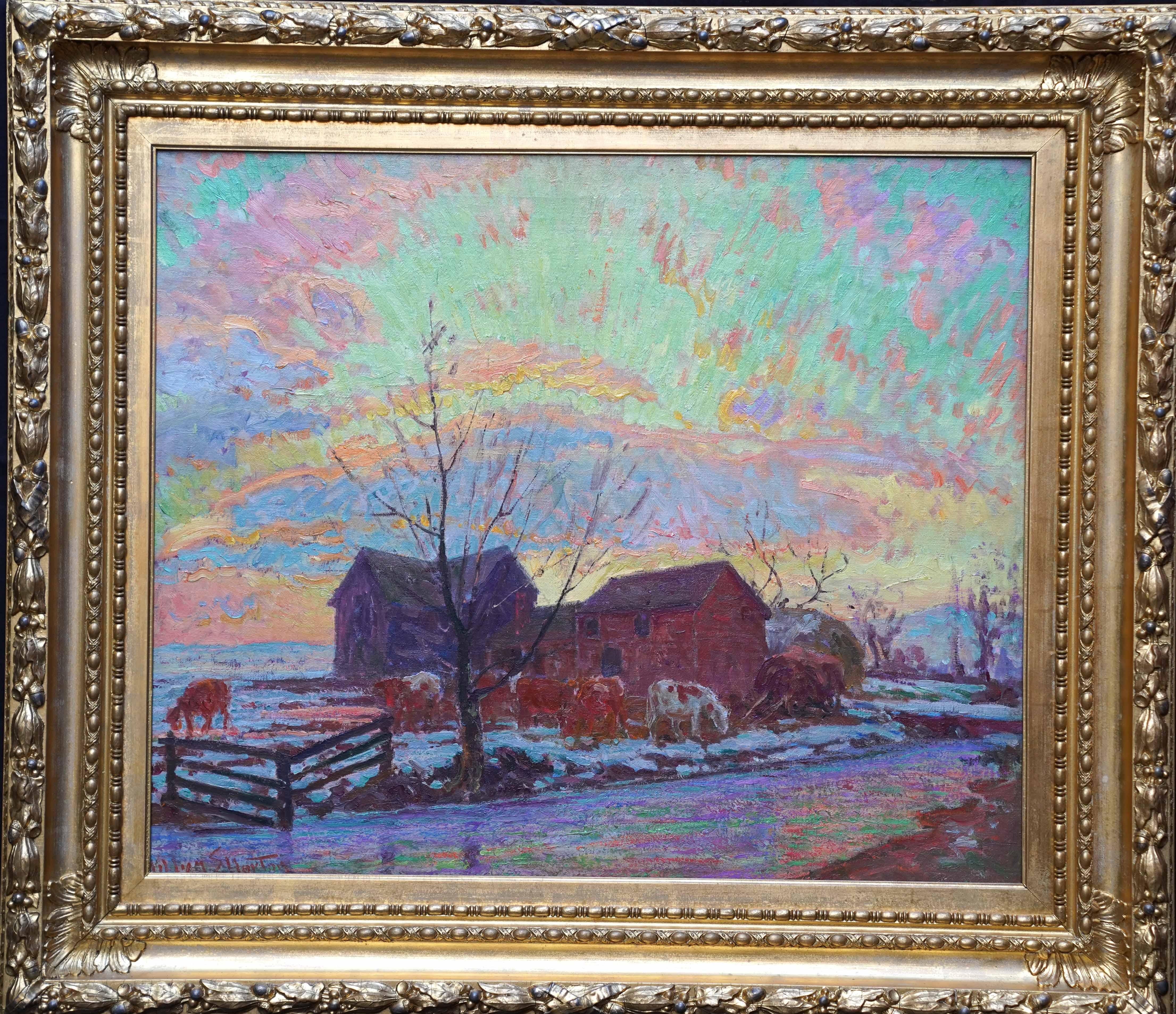 Bovini in un paesaggio agricolo - Quadro ad olio di un paesaggio dell'arte impressionista americana in vendita 13