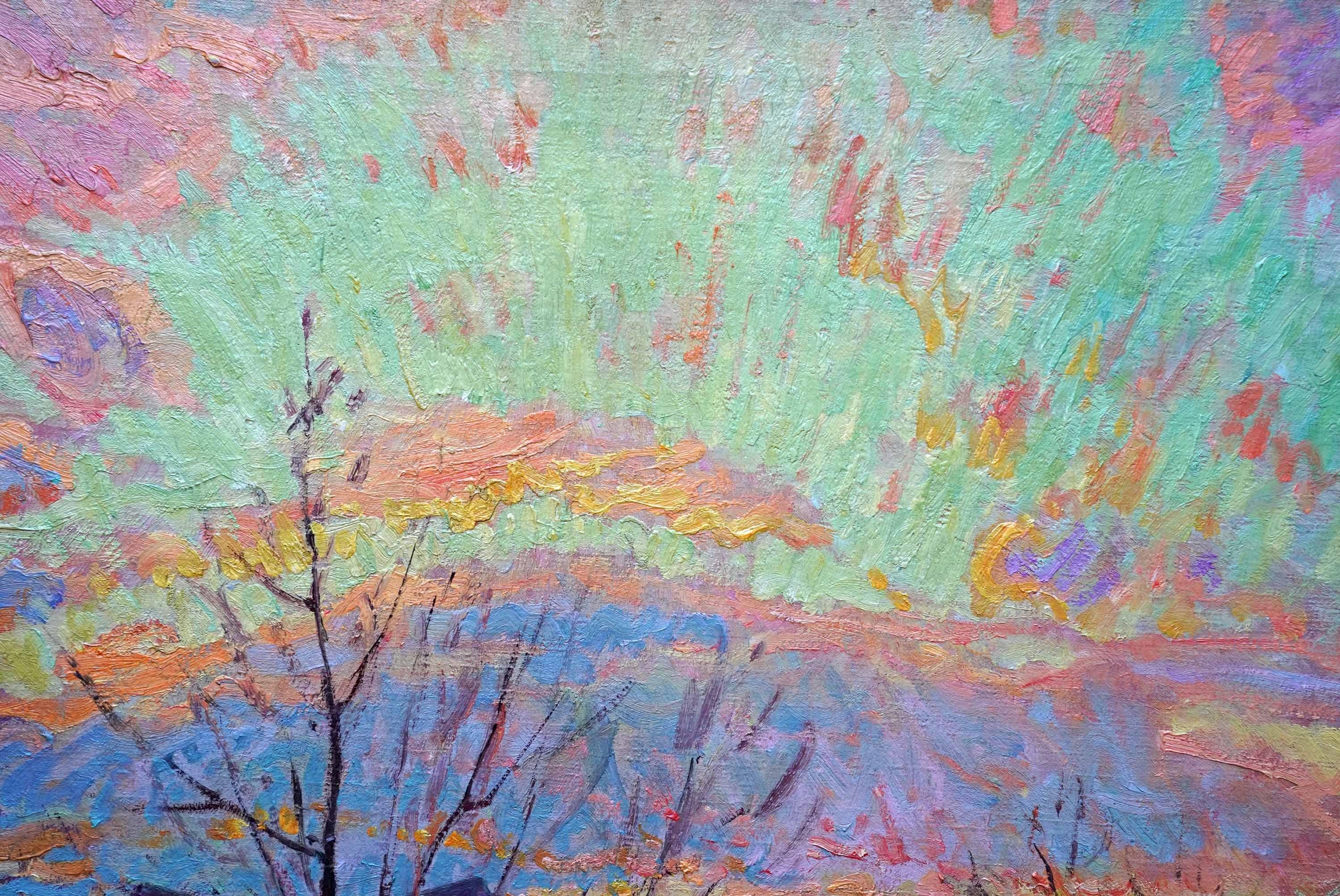 Bovini in un paesaggio agricolo - Quadro ad olio di un paesaggio dell'arte impressionista americana - Landscape Painting Grigio di William Samuel Horton