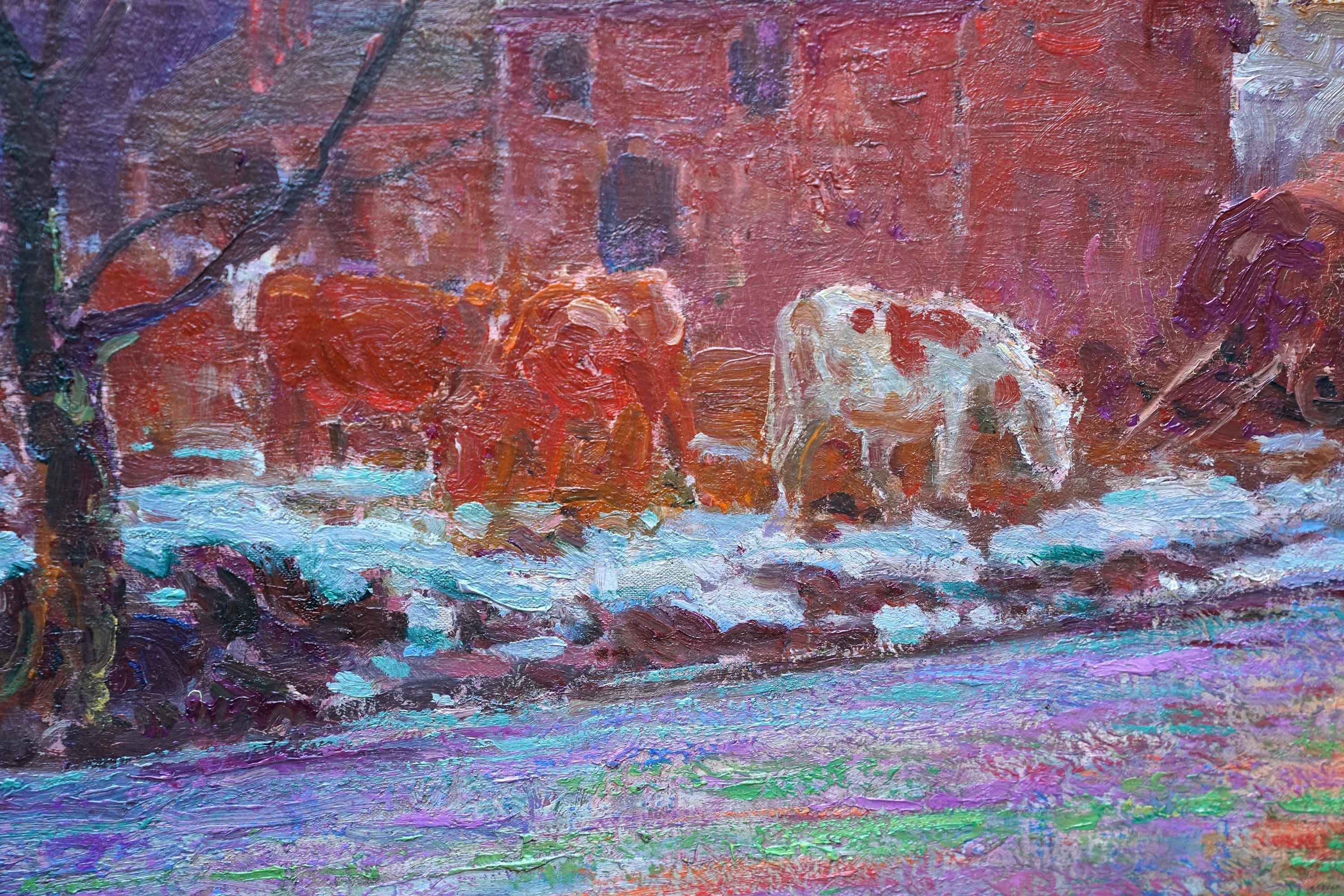 Bovini in un paesaggio agricolo - Quadro ad olio di un paesaggio dell'arte impressionista americana in vendita 4