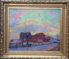 Bovini in un paesaggio agricolo - Quadro ad olio di un paesaggio dell'arte impressionista americana