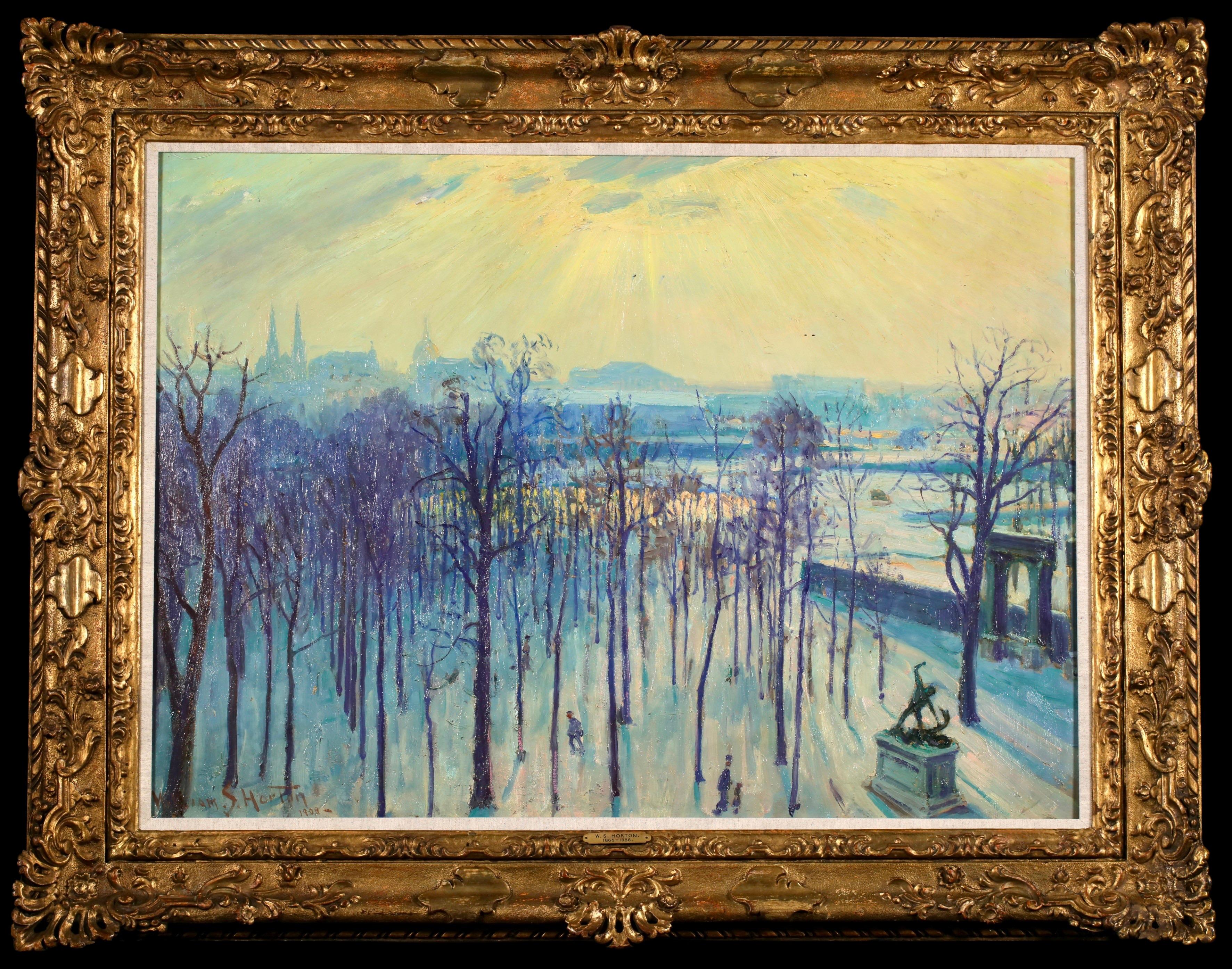 Paysage signé et daté à l'huile sur panneau du peintre impressionniste américain William Samuel Horton. L'œuvre représente une vue du jardin des Tuileries à Paris, en France. C'est une scène hivernale - les grands arbres sont dépouillés de leurs