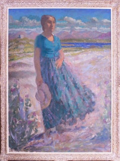 Grande olio di ragazza sulle dune dell'impressionista americano William Samuel Horton