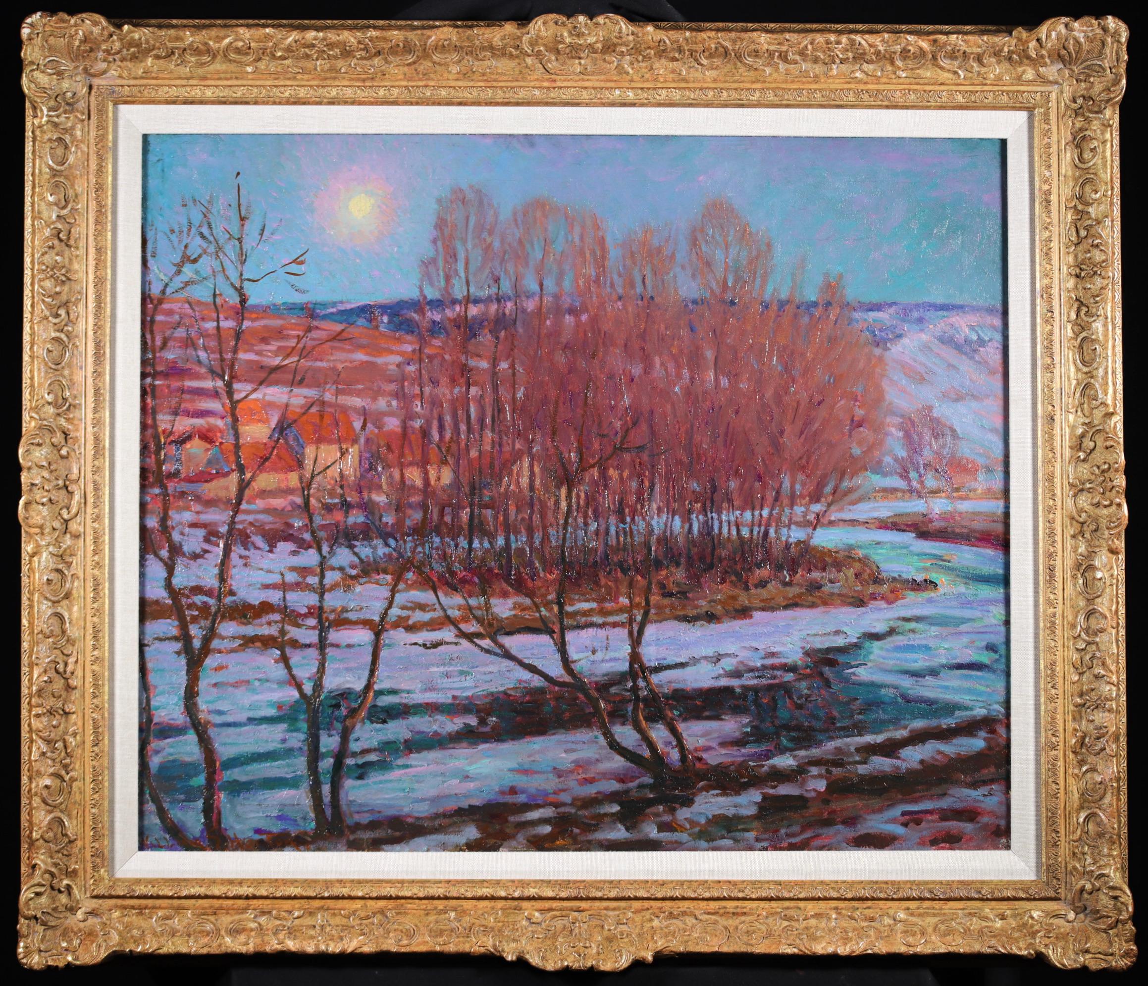 Signed oil on canvas landscape by American impressionist painter William Samuel Horton. The piece depicts a nighttime view of Pontarlier, a commune in eastern France near the Swiss border. The town's buildings are illuminated by the moonlight and