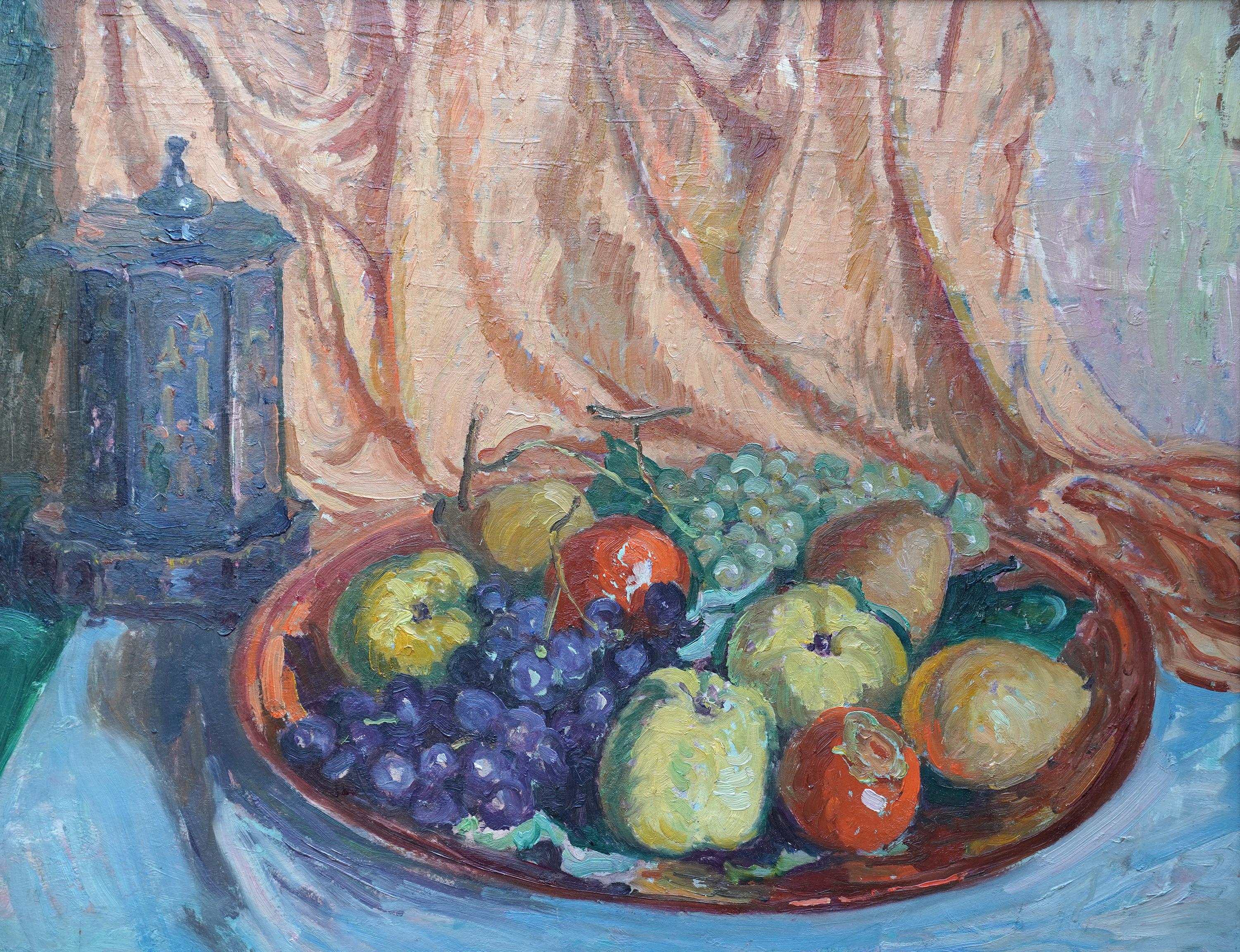 Natura morta con frutta e lanterna - Quadro ad olio di arte impressionista americana - Painting di William Samuel Horton