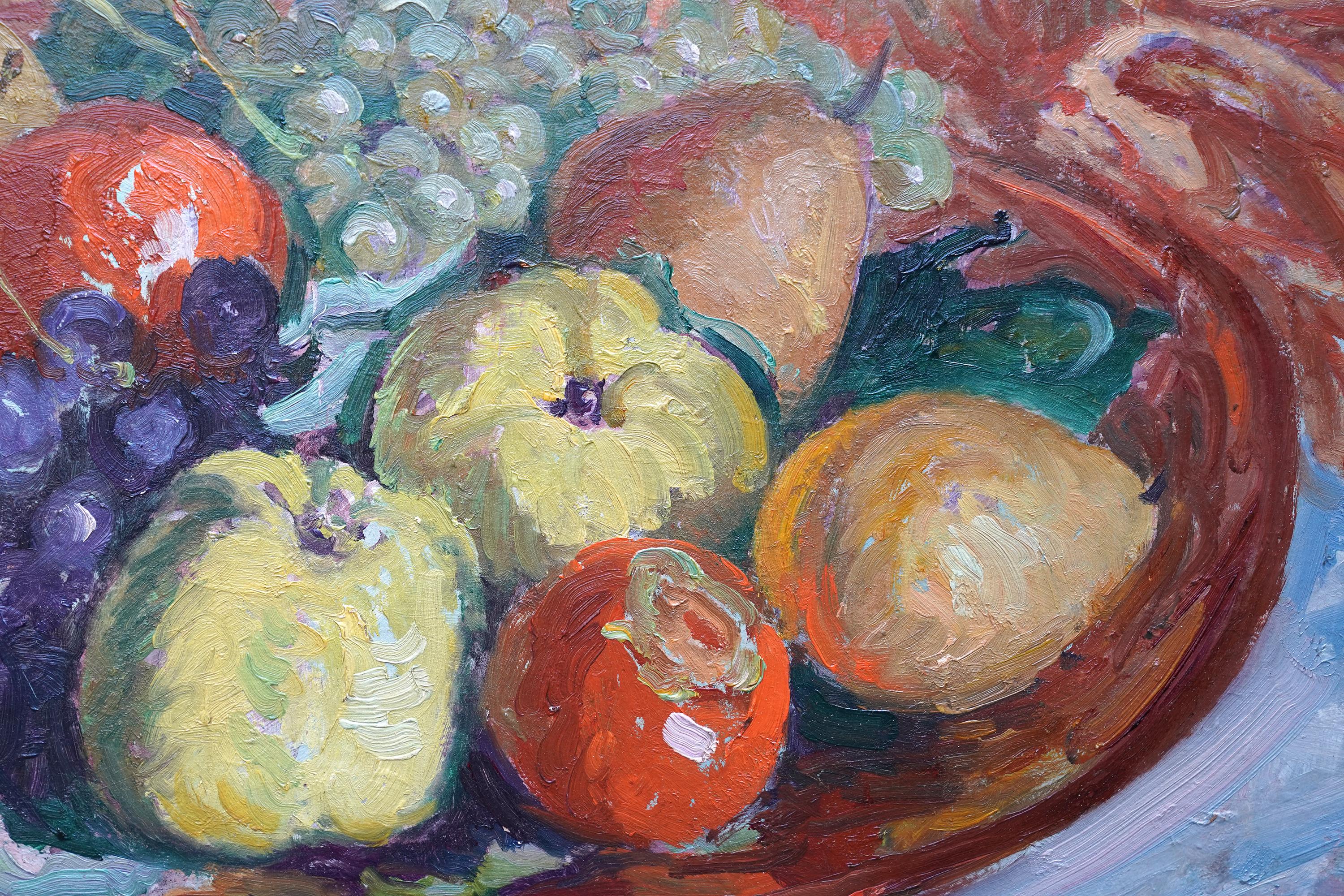 Natura morta con frutta e lanterna - Quadro ad olio di arte impressionista americana - Still-Life Painting Grigio di William Samuel Horton