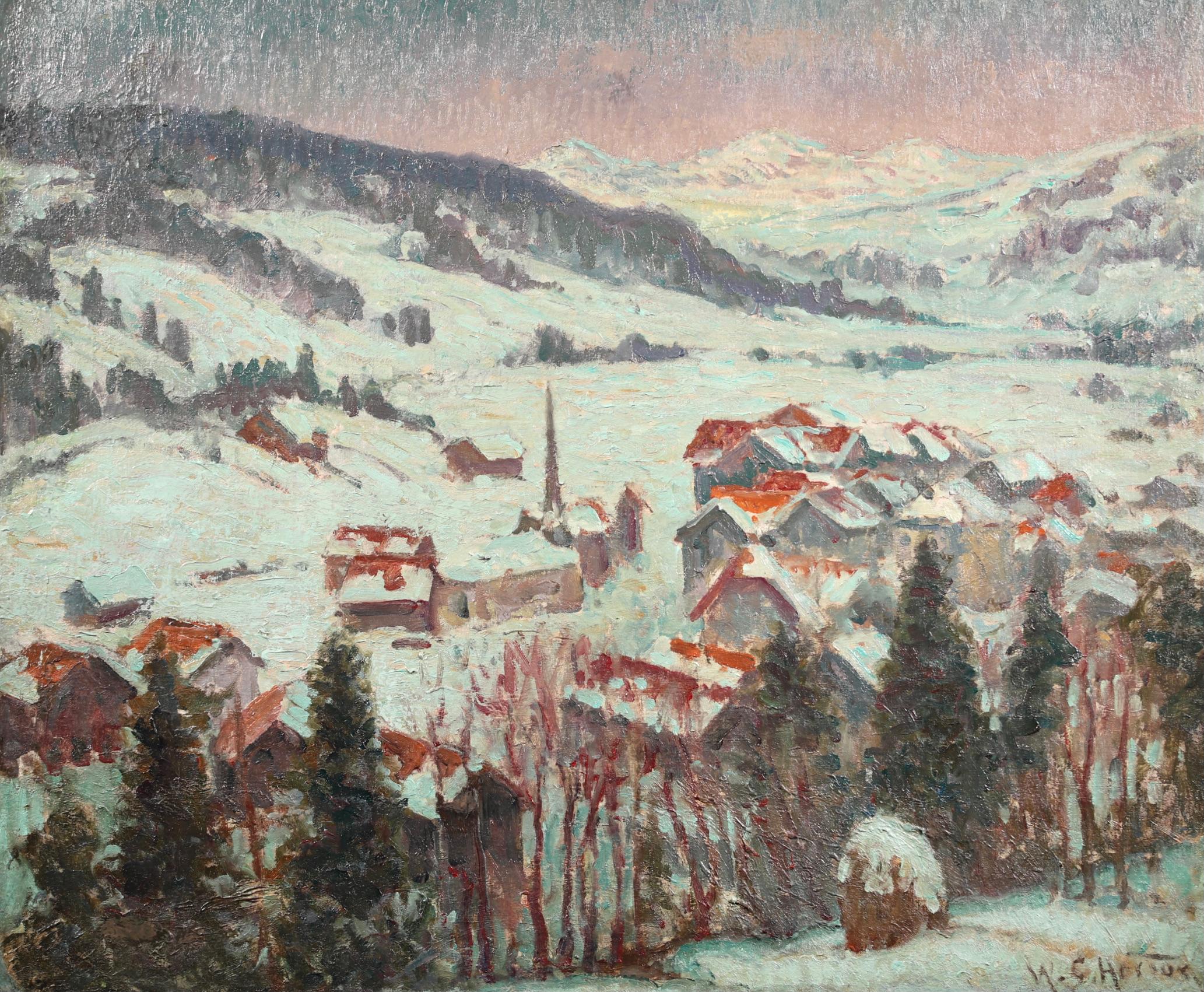 Signed oil on canvas landscape by American impressionist painter William Samuel Horton. The piece depicts a view of the town of Gstaad in Southwestern Switzerland. The buildings and landscape are covered in a blanket of white snow and there is a