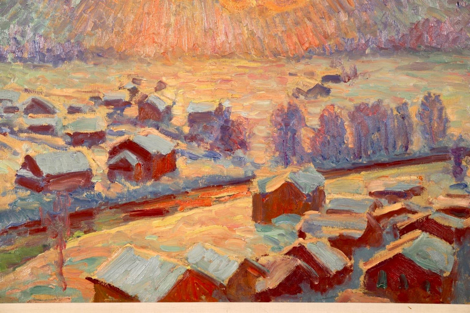A stunning oil on panel of a view of Gstaad in Switzerland by American impressionist painter William Samuel Horton. The piece depicts a winter sun behind thick cloud over a village blanketed in thick snow. The painting is beautifully coloured and