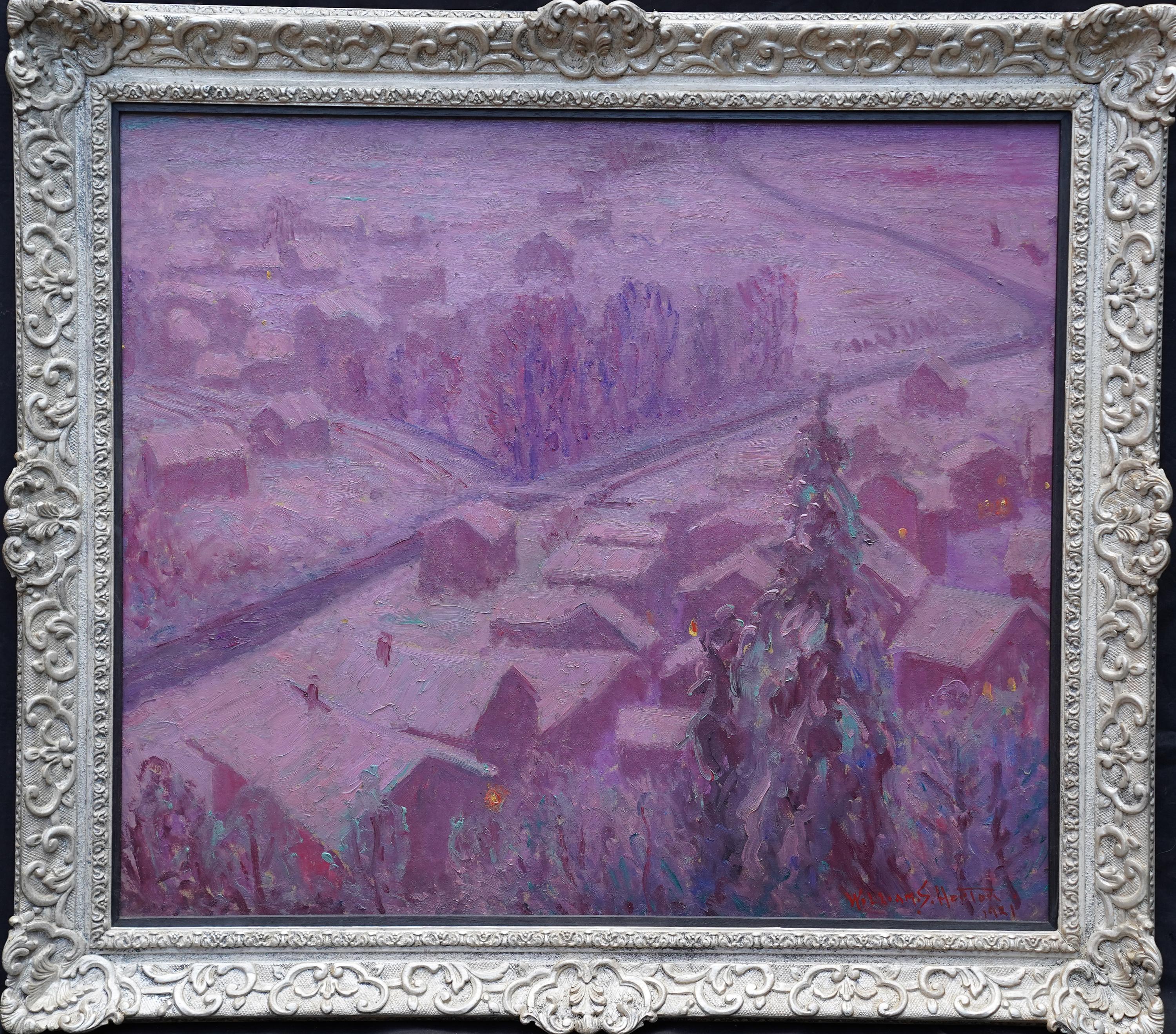 Paisaje invernal de ciudad - Pintura al óleo de arte impresionista estadounidense de 1930 nieve