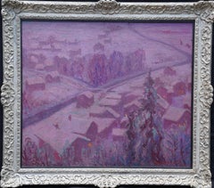 Paisaje invernal de ciudad - Pintura al óleo de arte impresionista estadounidense de 1930 nieve