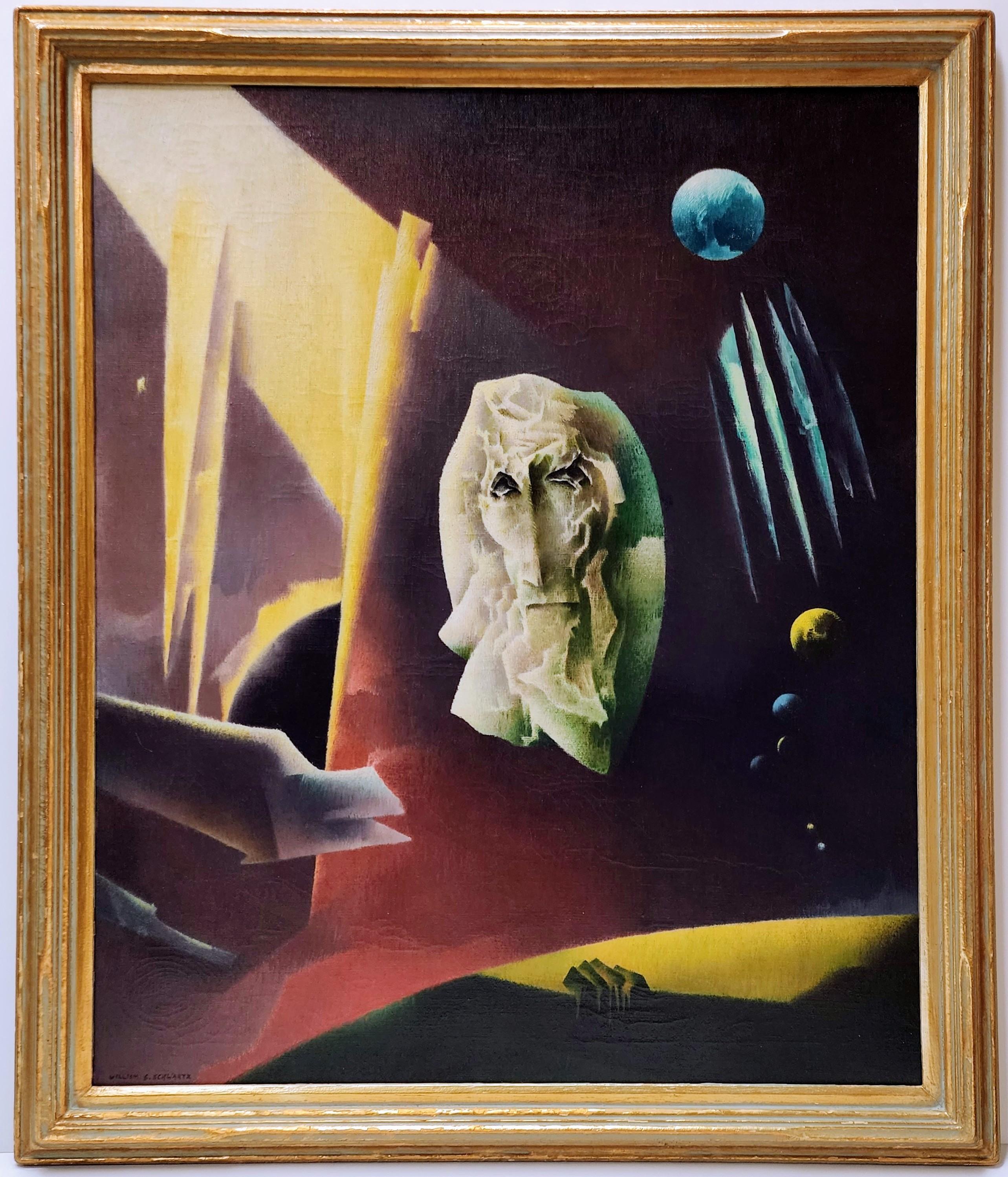 Elemente, Surrealismus, Chicagoer Künstler, Planeten – Painting von William Samuel Schwartz