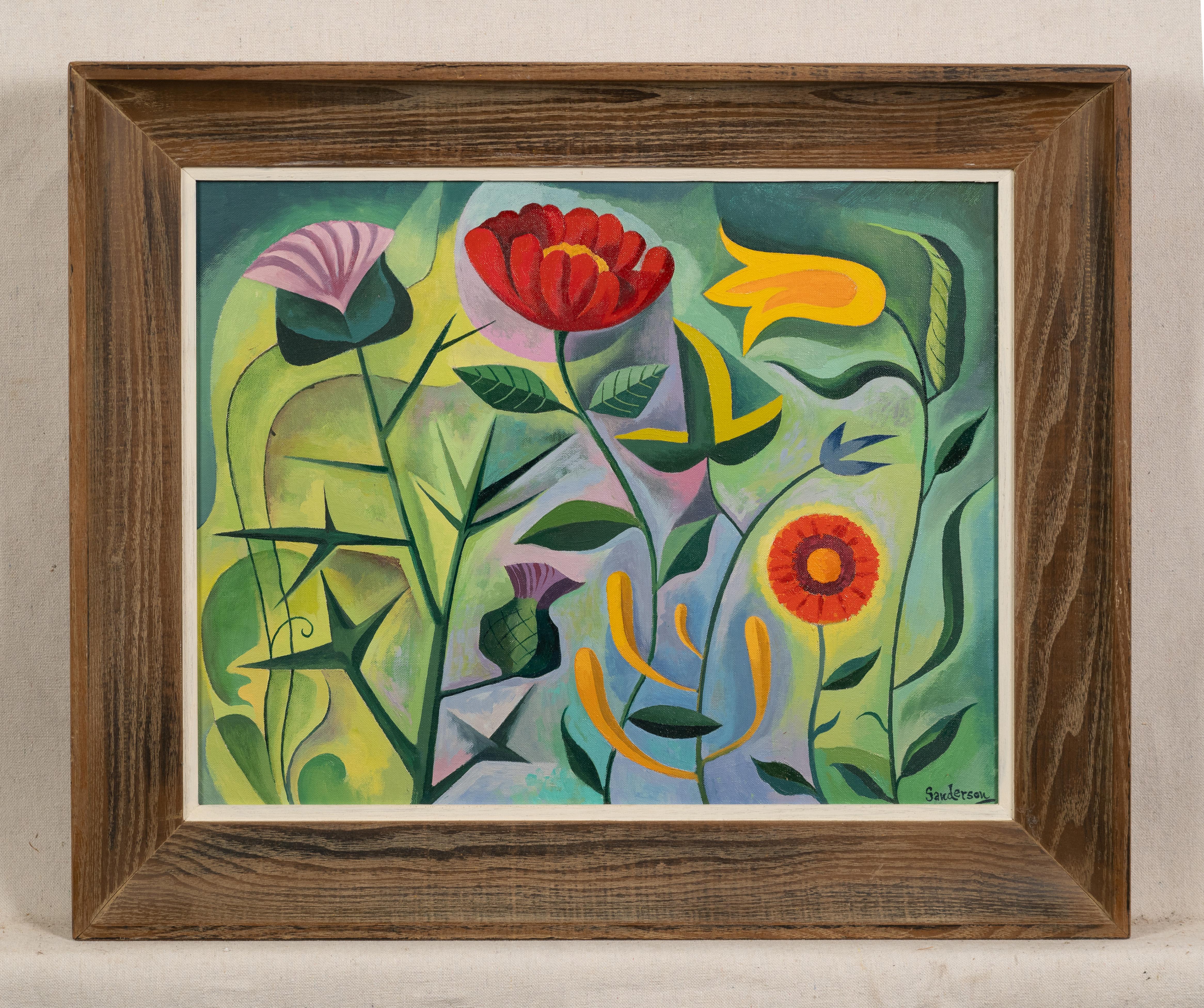 Antique American modernist still life oil painting by William Sanderson (1905 - 1990).  Oil on board.  Framed.   Signed.