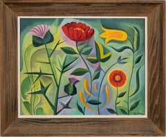 Antique American Modernist Signed Surreal Flower Still Life Framed Oil Painting